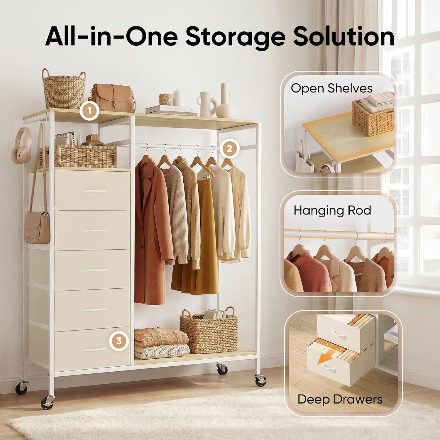 Detalle de HOKEEPER All-in-One Rolling Coat Rack with 5 Drawers (Beige) – Mobile closet organiser on wheels