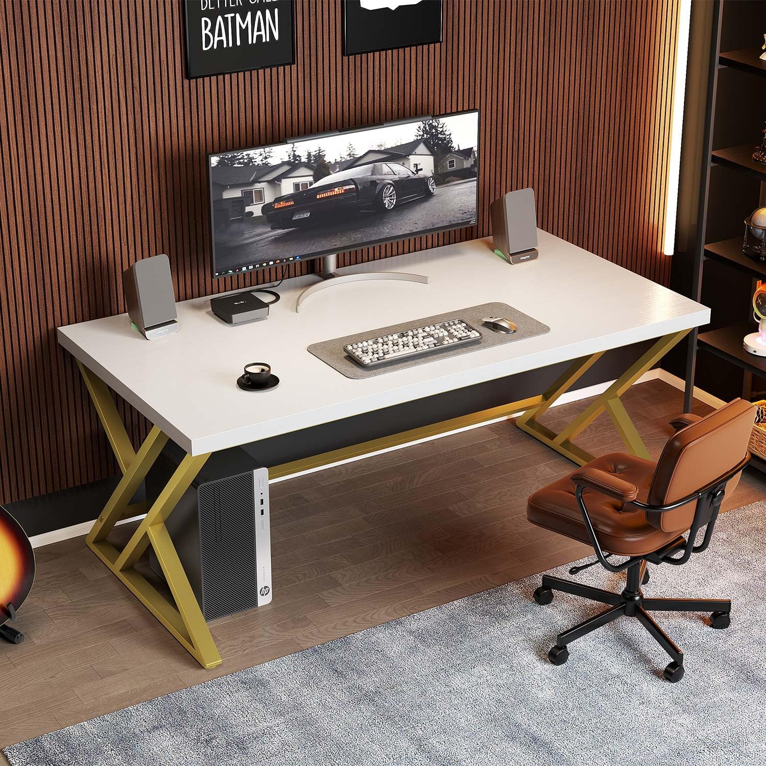 Thumbnail 2 de LVB Scrivania bianca e oro moderna per PC in legno e metallo, compatta per studio e home office