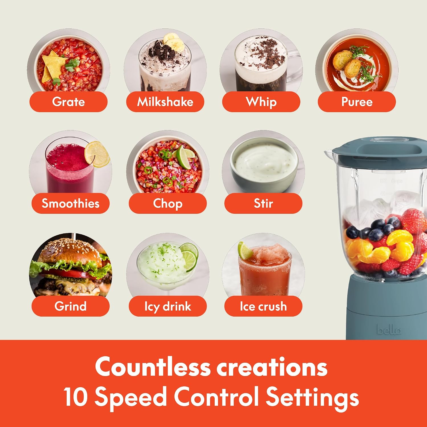 Detalle de bella 10-Speed Flip & Store Countertop Blender, Juicer & Smoothie Maker (450 Watt, 48oz) – Surf