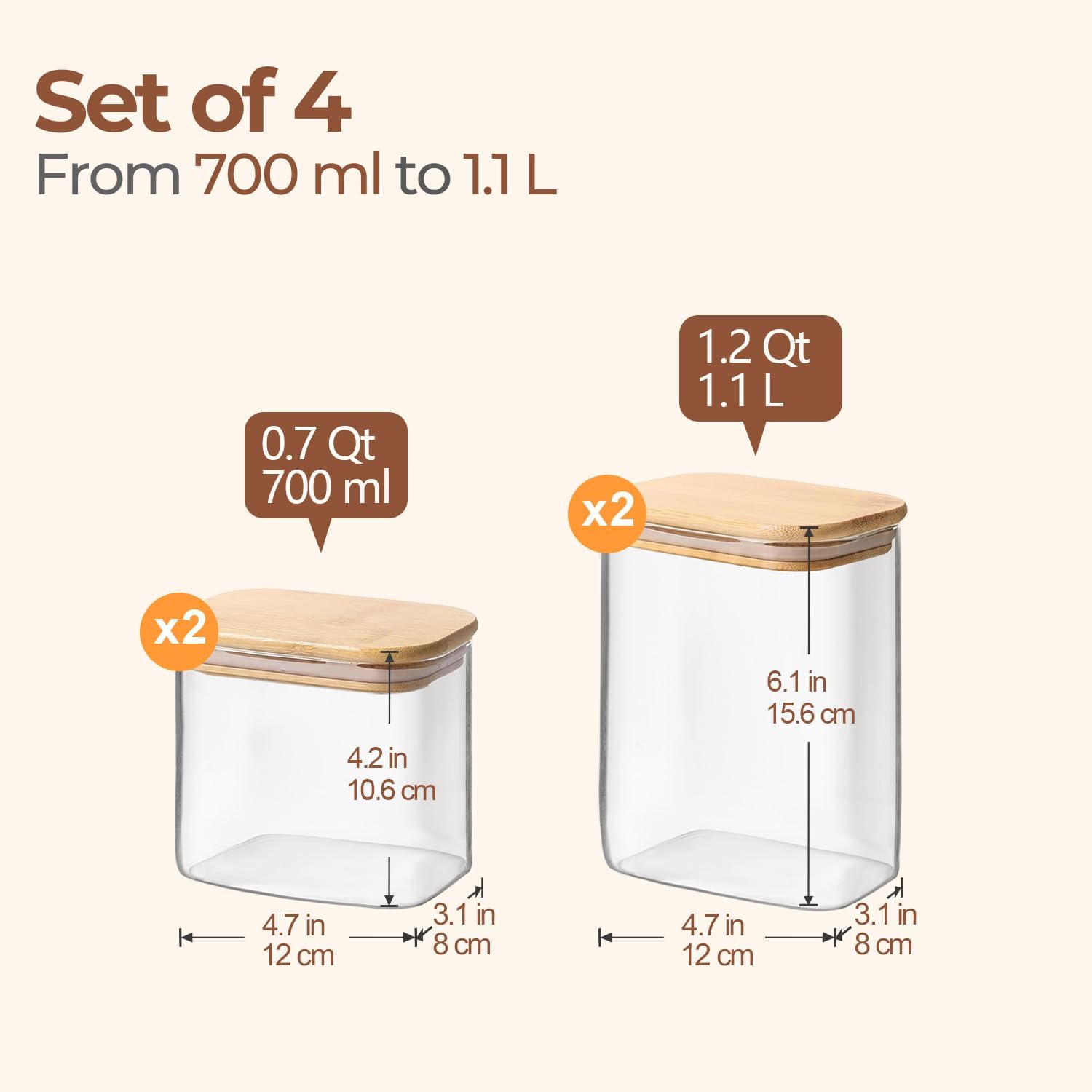 Detalle de ComSaf – szklane słoiki do przechowywania 700–1100 ml, zestaw 4 sztuki
