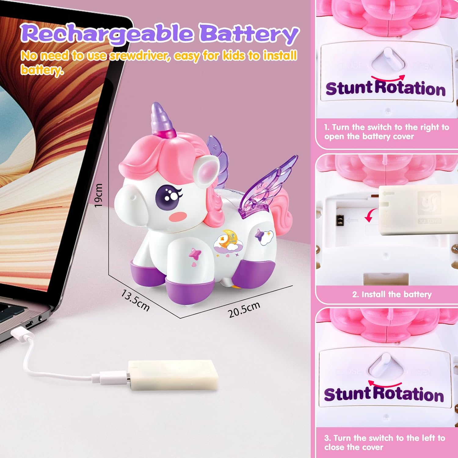 Detalle de RUIDYA Unicorn Toy Girl Car: Rechargeable 360° Stunt Rotation Car for Toddlers
