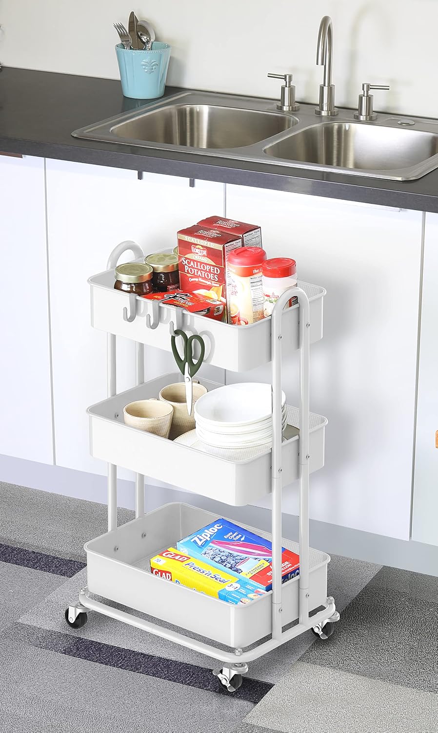 Thumbnail 4 de Simple Houseware CB-10C-2 3-Tier Metal Utility Cart, White, Locking Casters