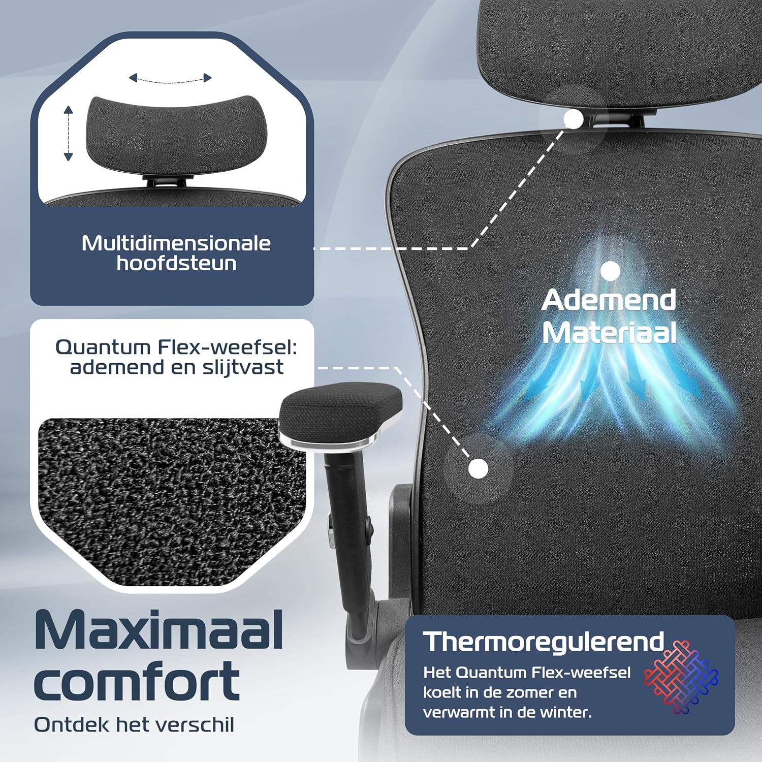 Detalle de CLOUVOU PowerSeat bureaustoel met mesh, 5D-armleuningen en lendensteun