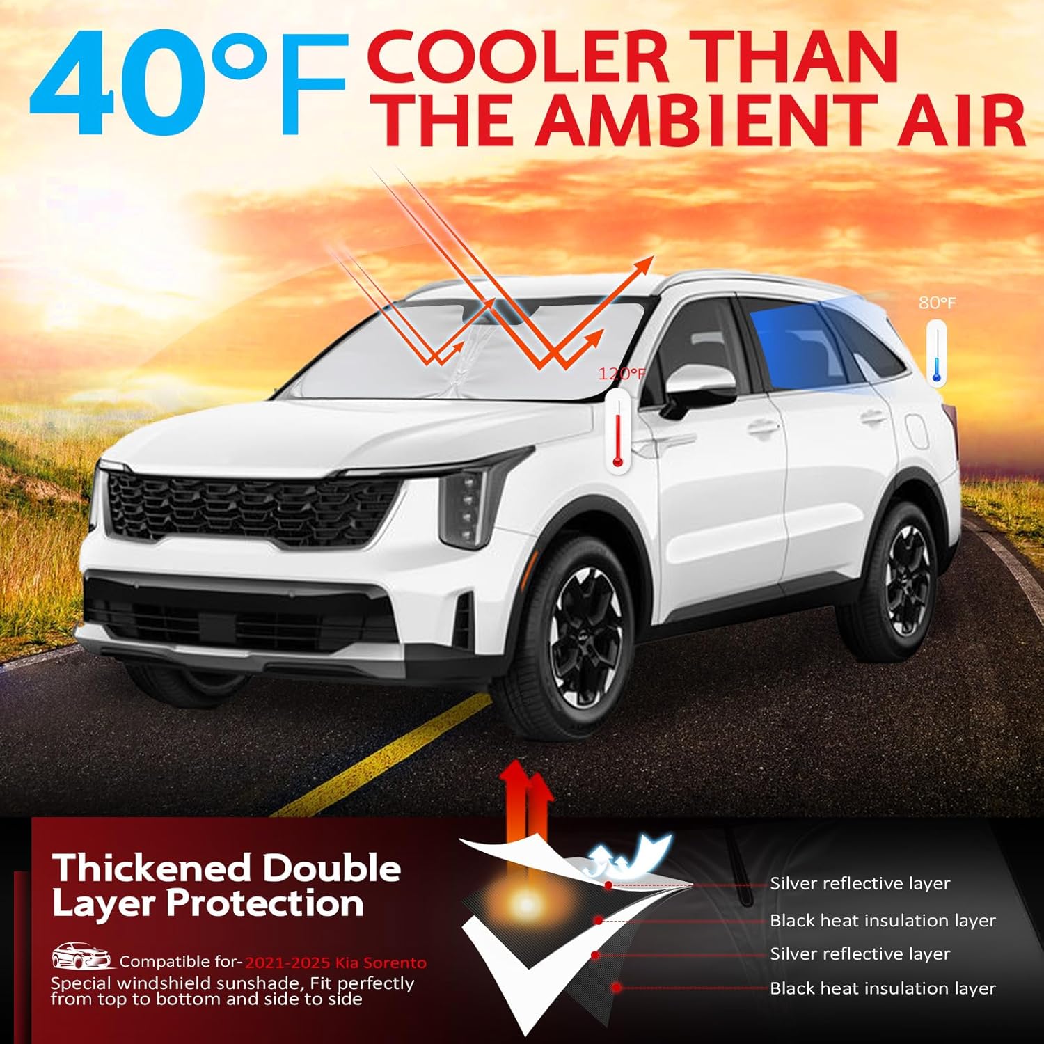 Detalle 2 de KAYZT Windshield Sun Shade for 2021–2026 Kia Sorento: Custom Fit Foldable Front Window