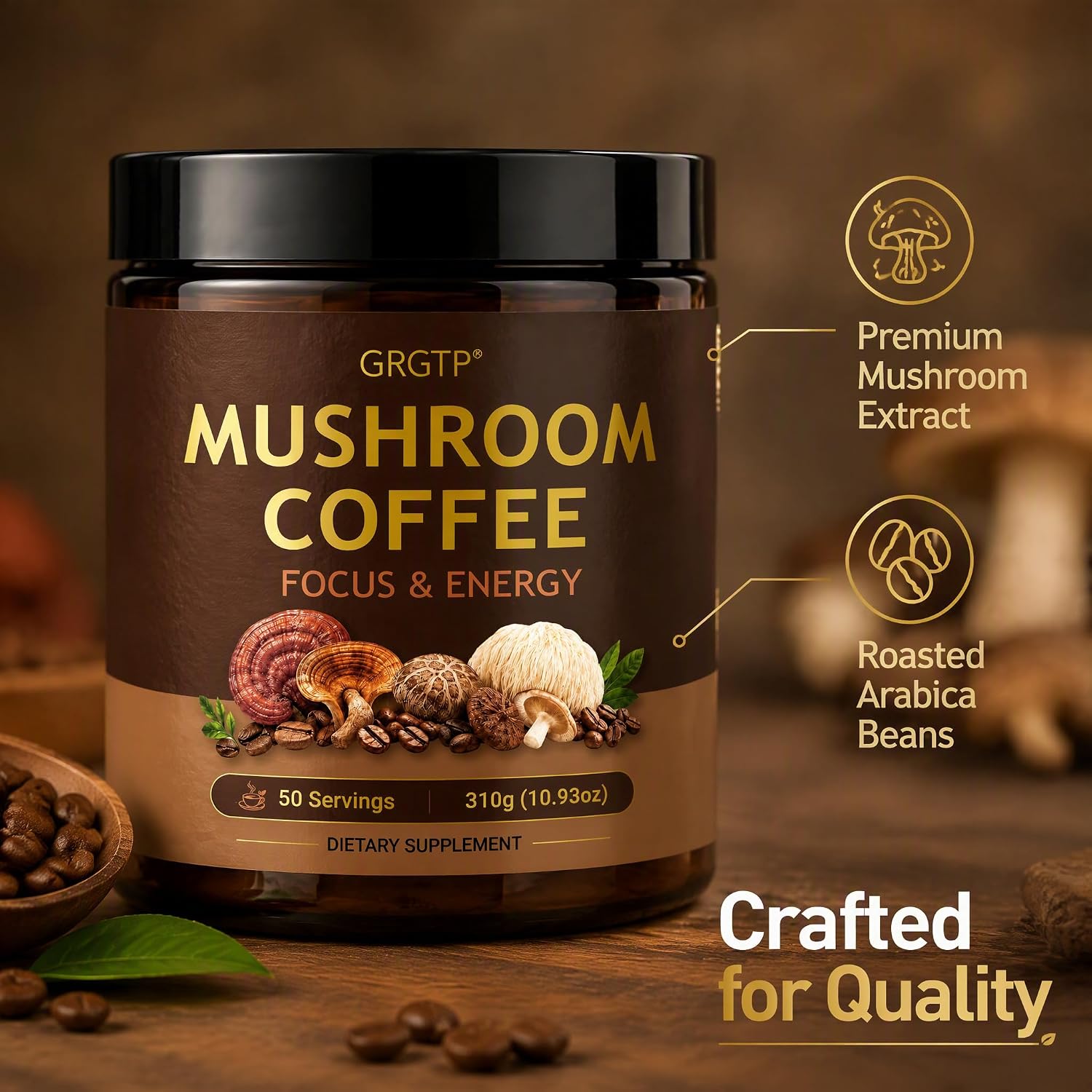 Detalle 2 de GRGTP Mushroom Coffee with 6 Adaptogens