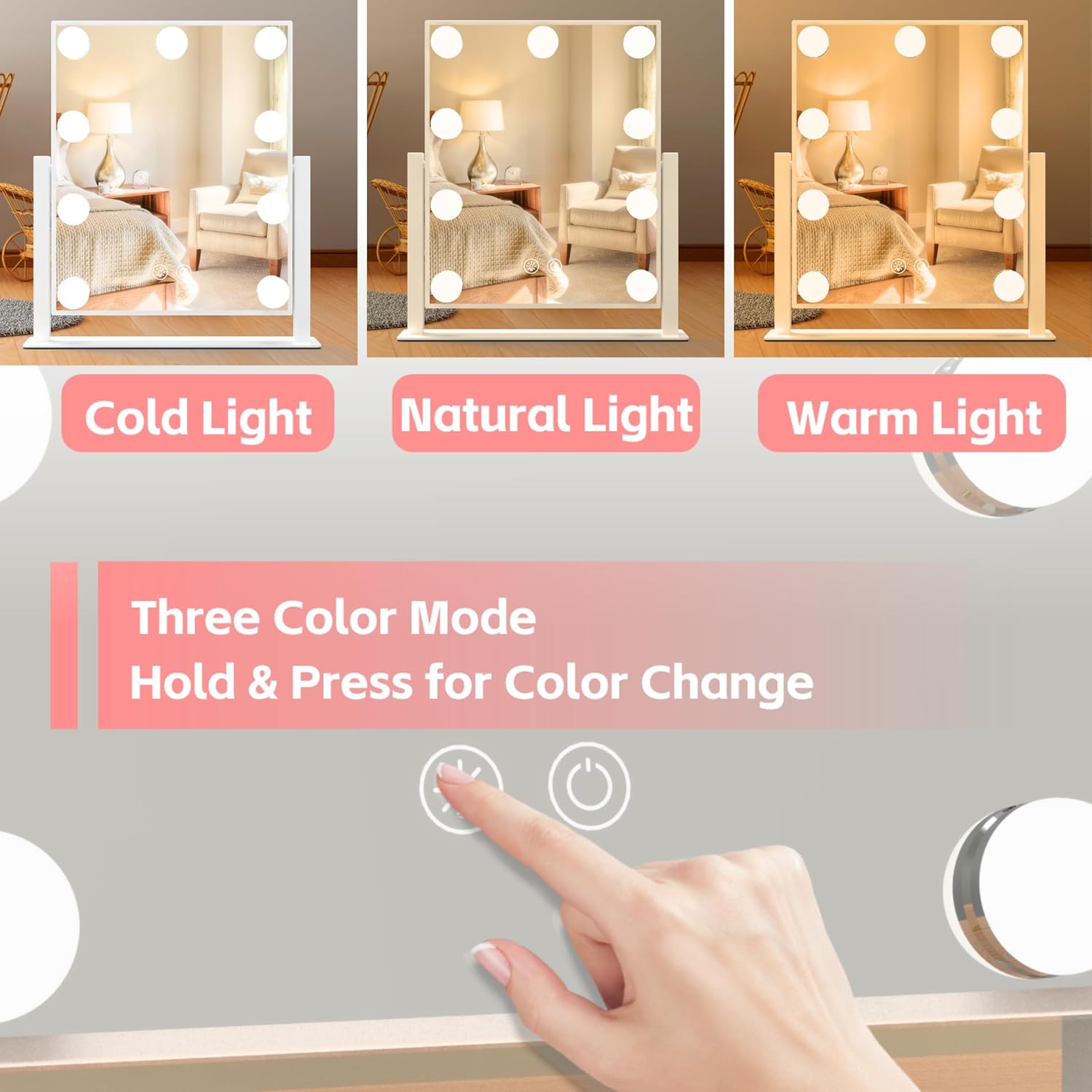 Thumbnail 2 de 12in Lighted Vanity Mirror Touch Sensor, 3-Color 💄