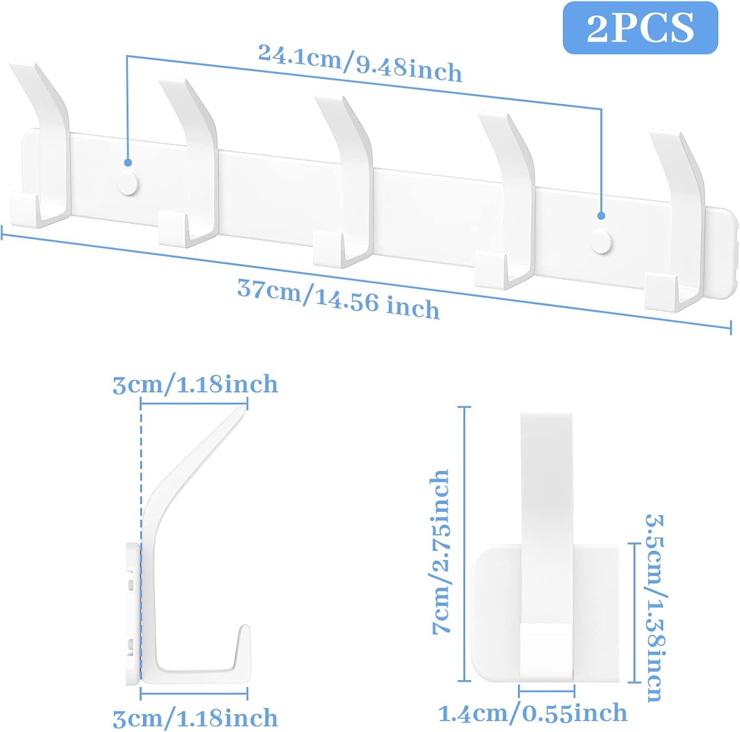 Detalle 2 de TENXSNUG Appendiabiti da Parete Set di 2 – Attaccapanni moderno antiruggine con 5 ganci, bianco