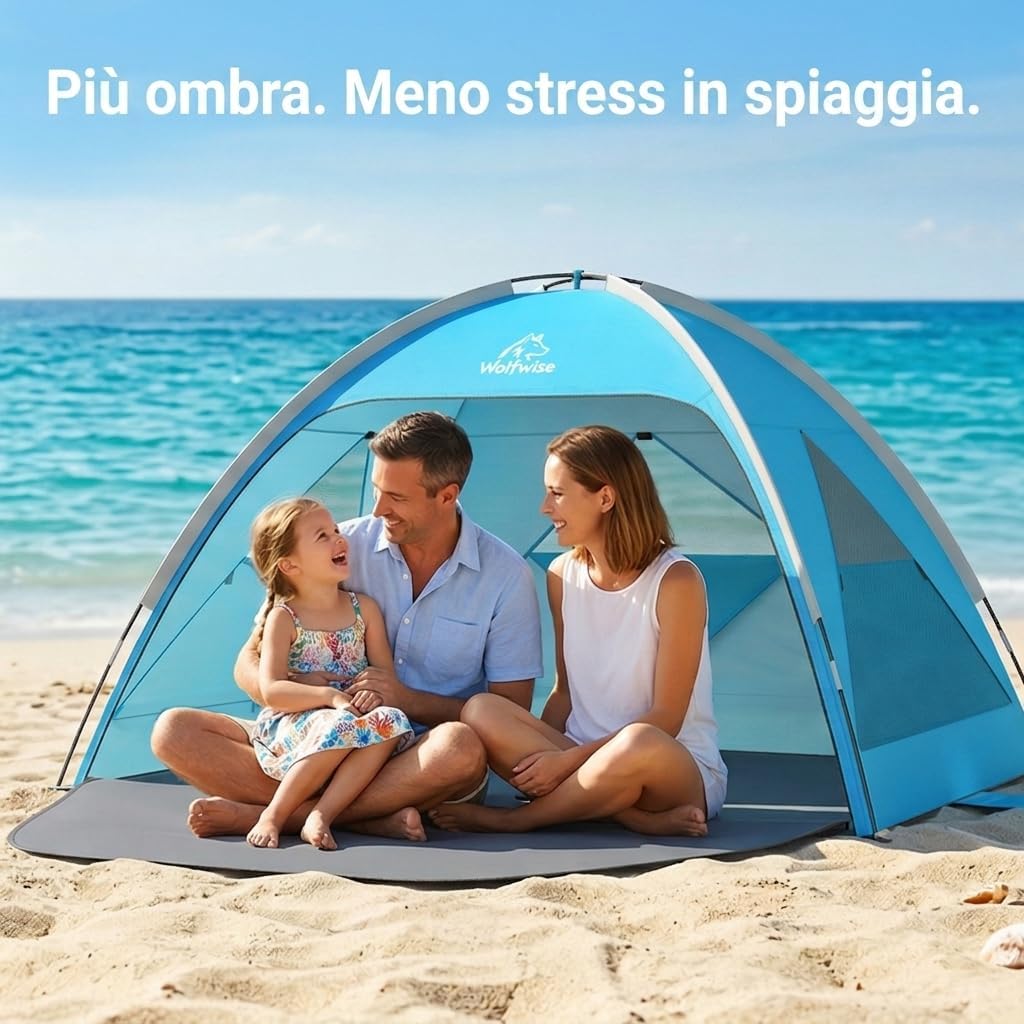 Detalle de Wolfwise Tenda da Spiaggia UPF 50+ per Famiglia – 3 Persone, Blu, Finestre Ventilate e Pavimento Estensibile