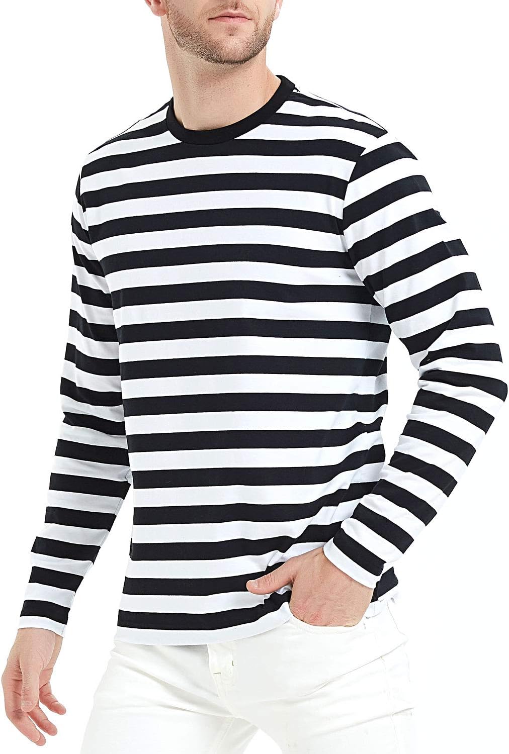 Detalle de LEDING Black and White Striped Long-Sleeve T-Shirt, Cotton-Spandex Crewneck