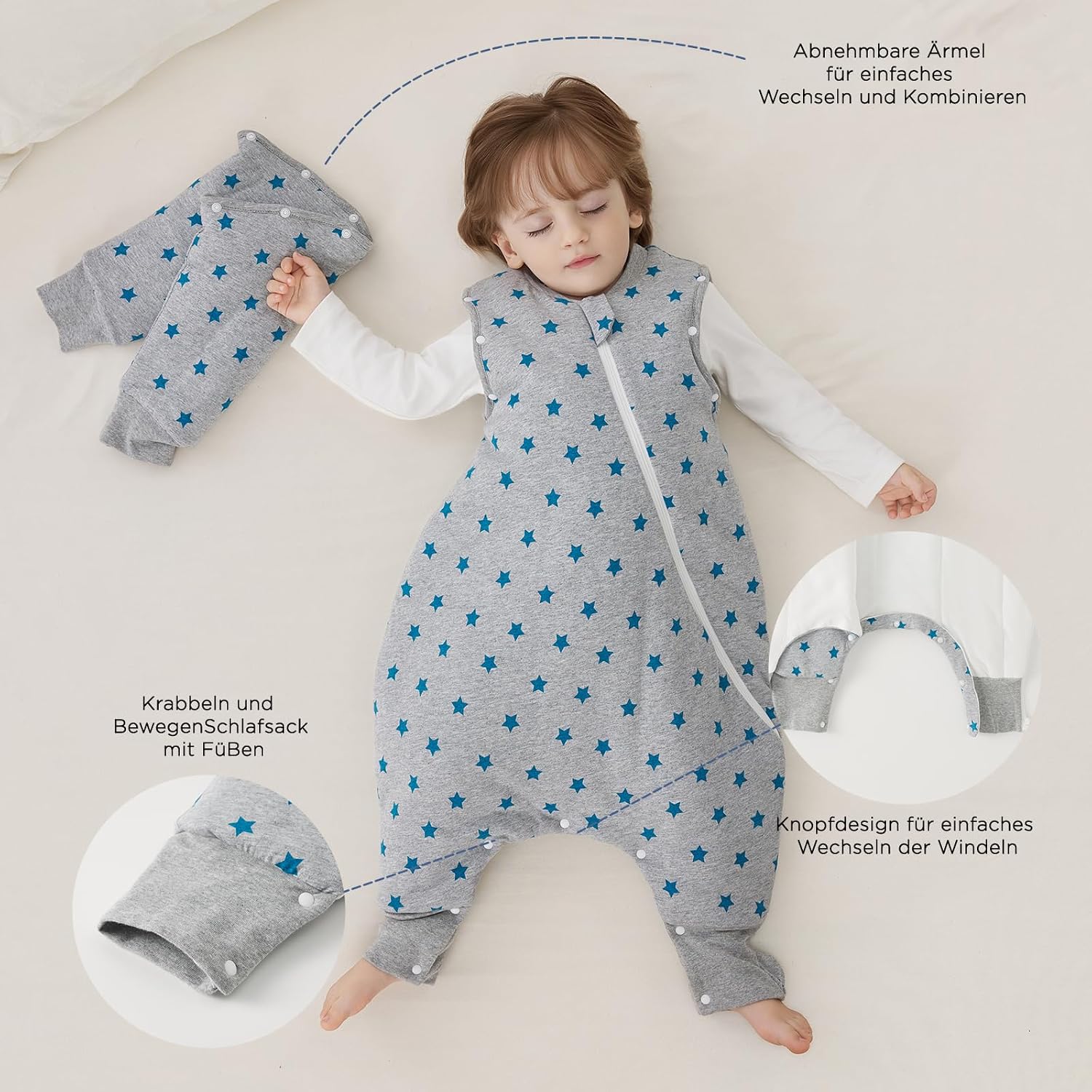 Detalle de Duomiaomiao Baby Schlafsack mit Füßen – 100% Baumwolle, TOG 2.5, 65–95 cm