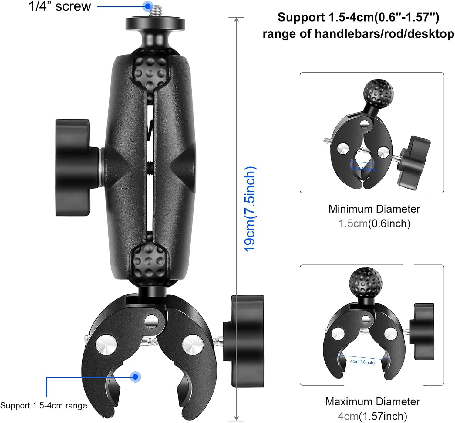 Detalle de PULUZ Super Clamp Crab Action Kamera Halterung für Motorradlenker – 360° Kugelkopf, 1/4" Gewinde
