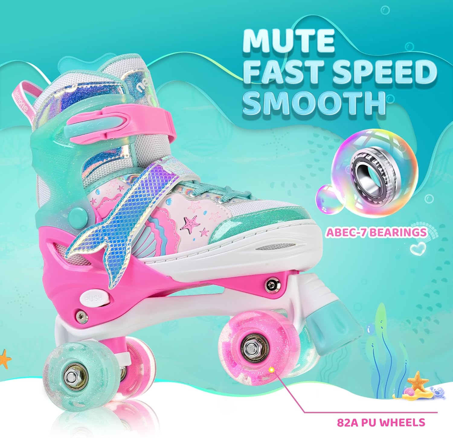 Thumbnail 6 de NEMONE Mermaid Light-Up Adjustable Roller Skates (4-Size) for Girls, Purple-Blue