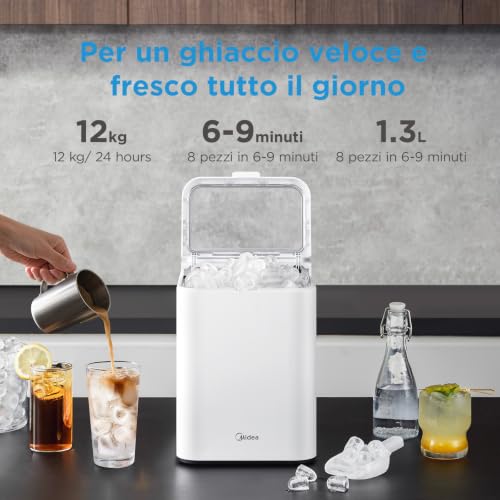 Detalle de Midea MERI12BG01EU: Macchina del ghiaccio 12 kg/24h, 8 cubetti in 6–9 minuti, Bianco
