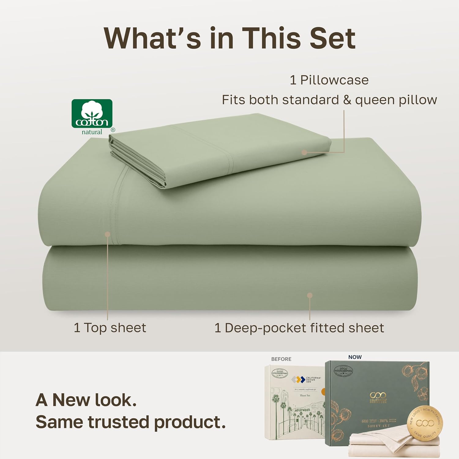 Detalle de California Design Den 600 Thread Count Twin XL Cotton Sateen Sheet Set, Laurel Green
