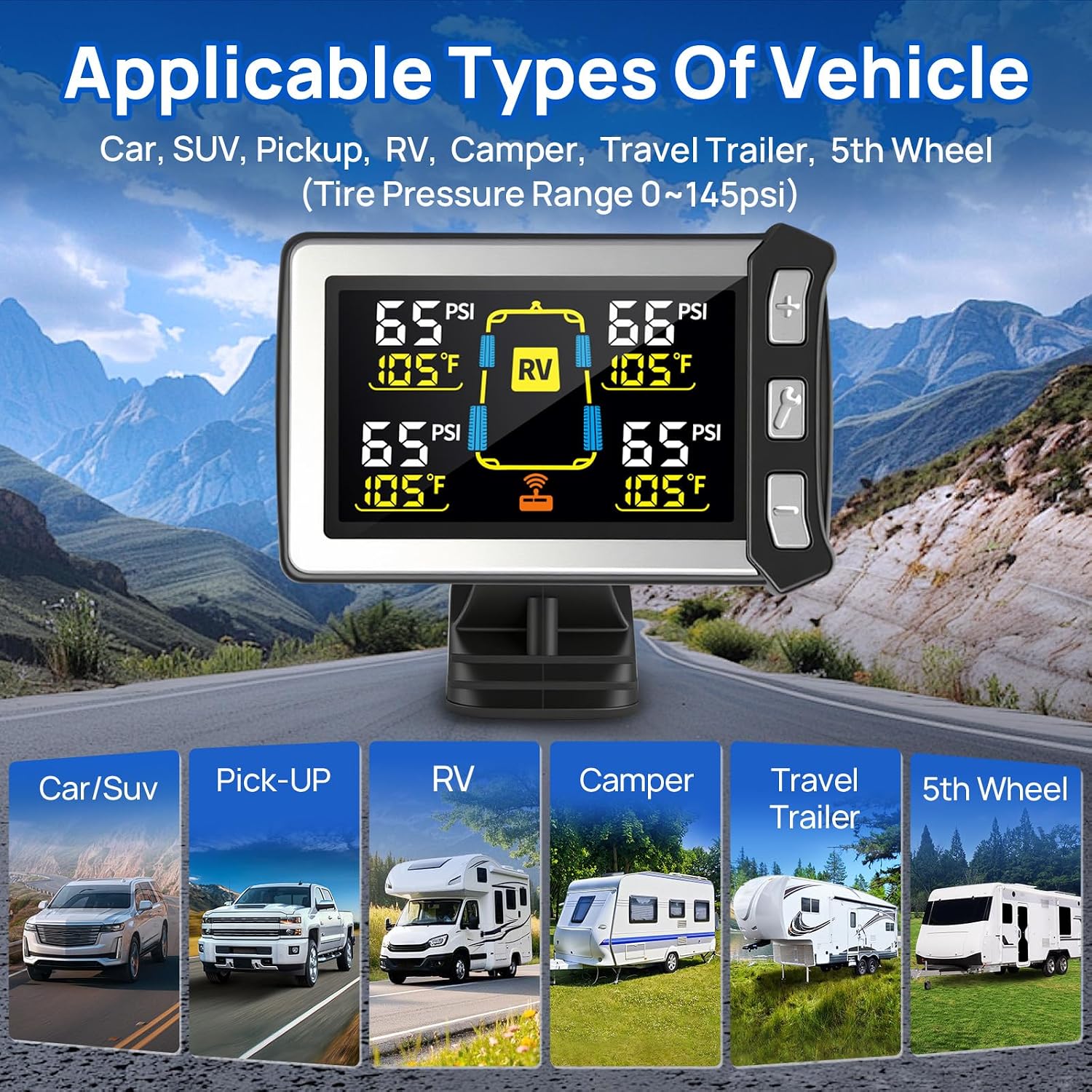 Detalle de Masoll RV Tire Pressure Monitoring System, Gen 2 with 4 Sensors and Color LCD Display
