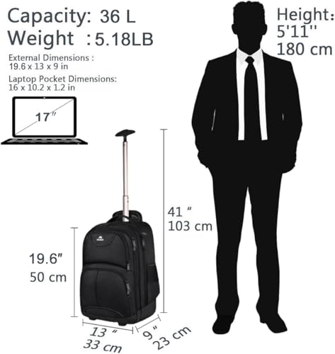 Thumbnail 6 de MATEIN Rolling Backpack: 17-Inch Water-Resistant Wheeled Laptop Backpack