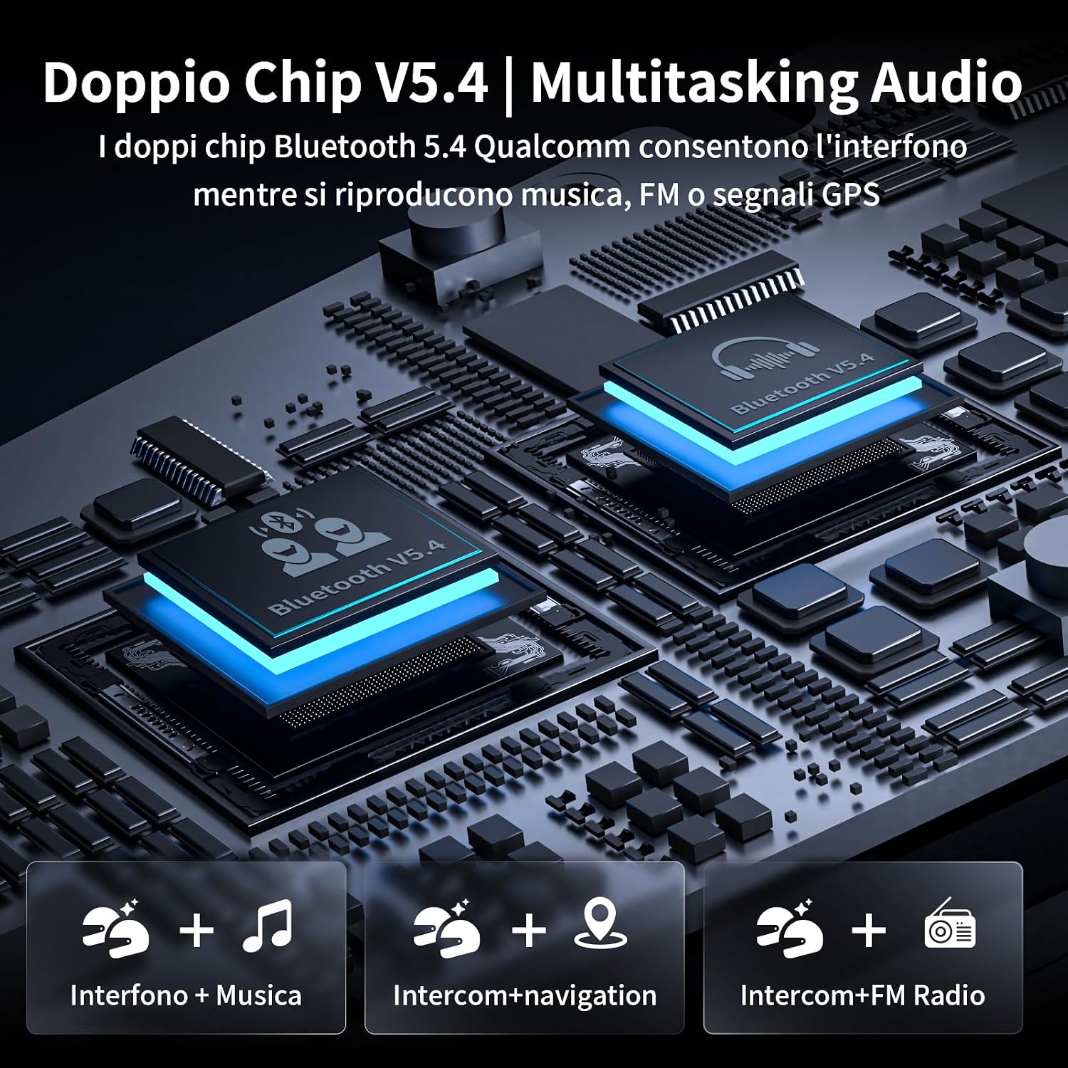Detalle de Fodsports FX7 10: interfono moto Mesh per 10 rider, doppio chip V5.4 e audio multitasking