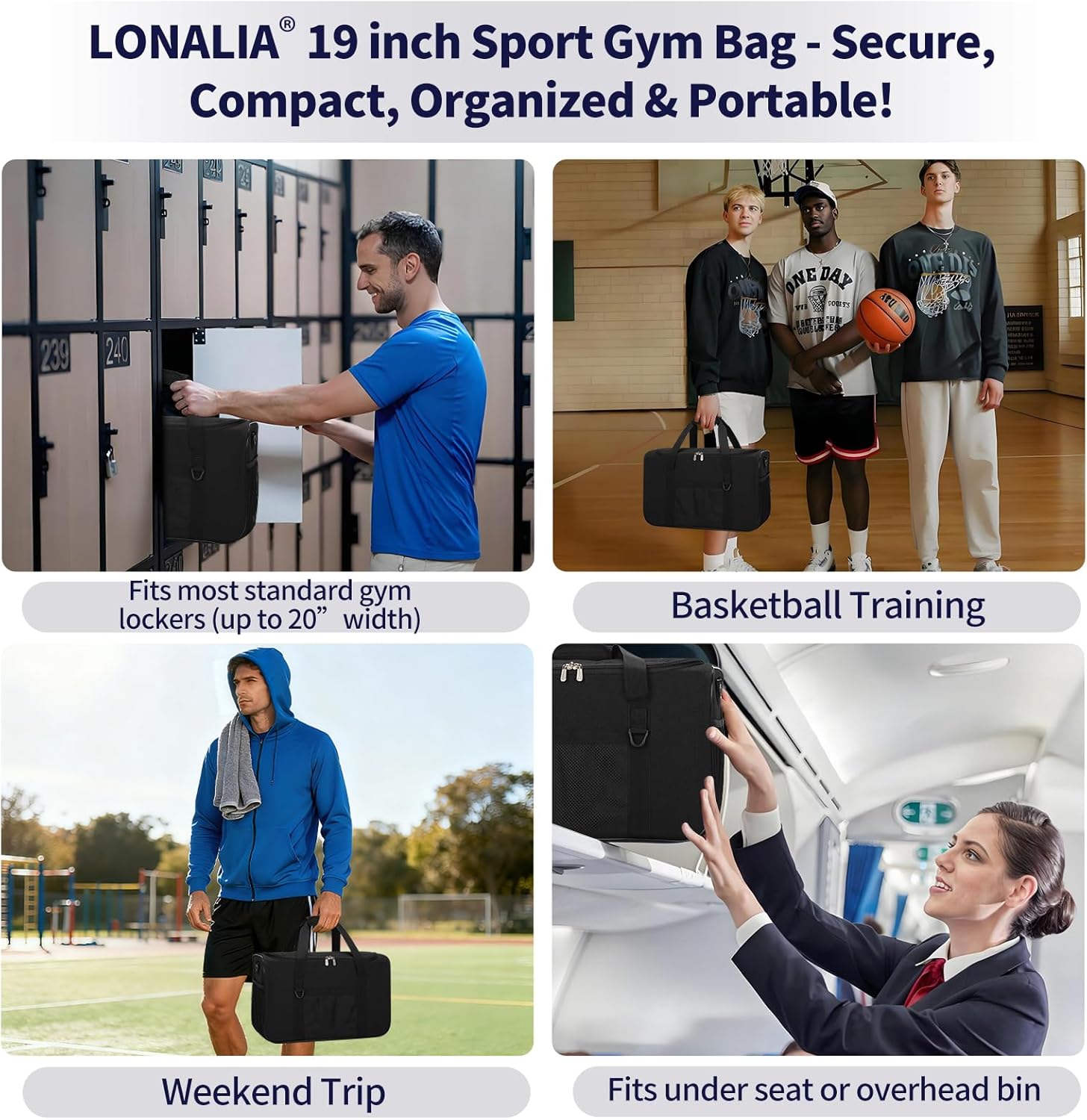 Thumbnail 5 de LONALIA Sac de Sport 34L – 48x25x28 cm, noir: compact et polyvalent