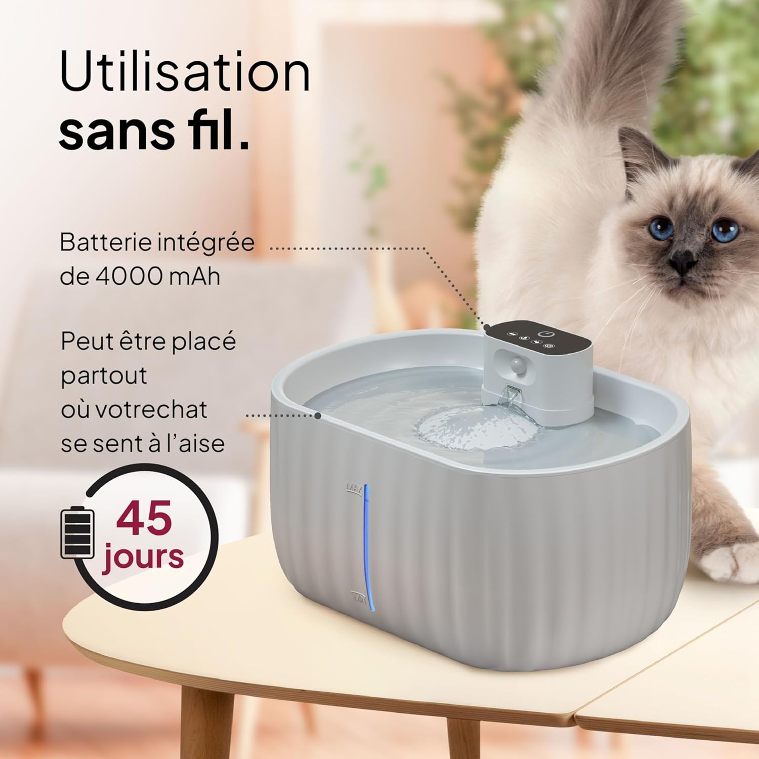 Thumbnail 4 de Pretty Paw fontaine à eau pour chat sans fil 3L Aqua Sense (gris) avec détecteur de mouvement
