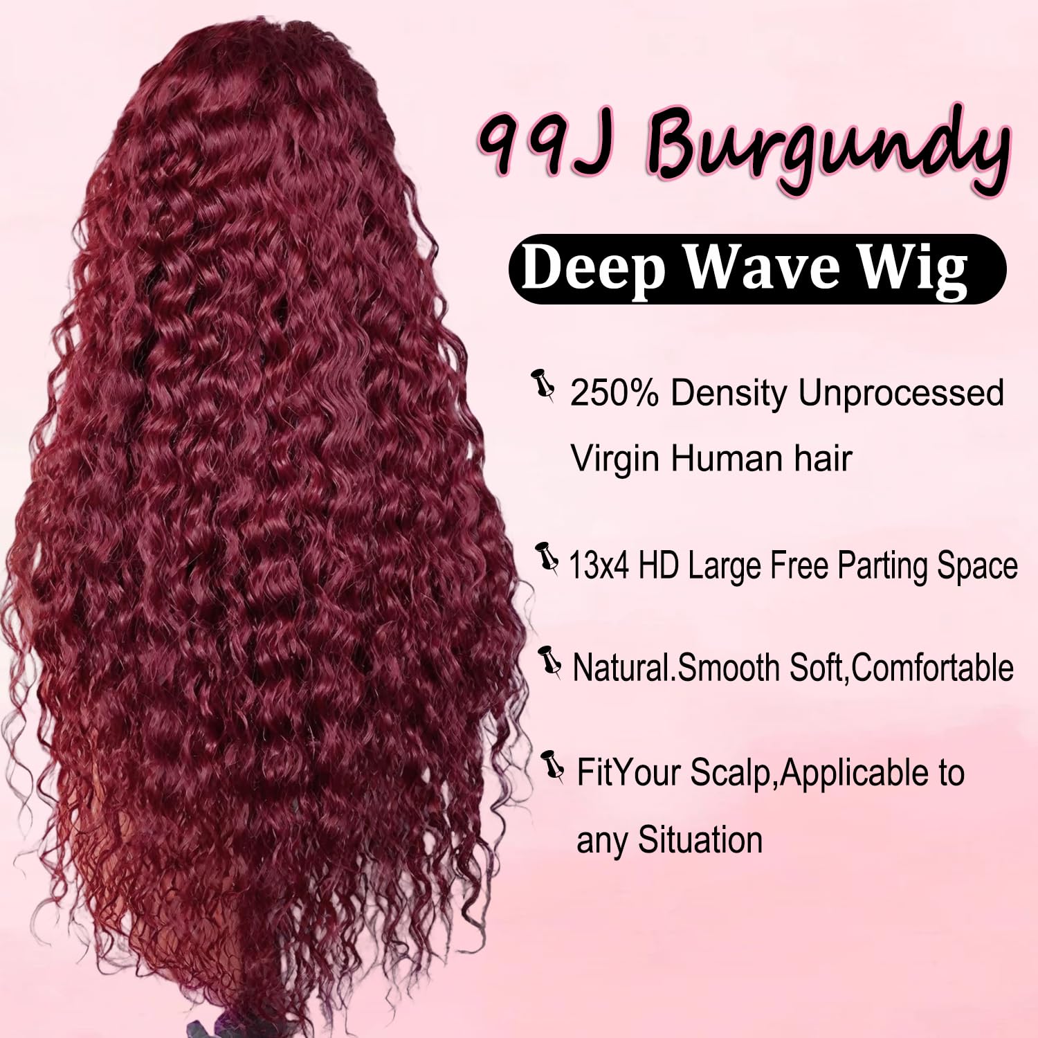 Detalle de Armodeo 38 Inch 99J Burgundy Deep Wave Lace Front Wig – 13x13 HD Lace, 250 Density, Pre Plucked