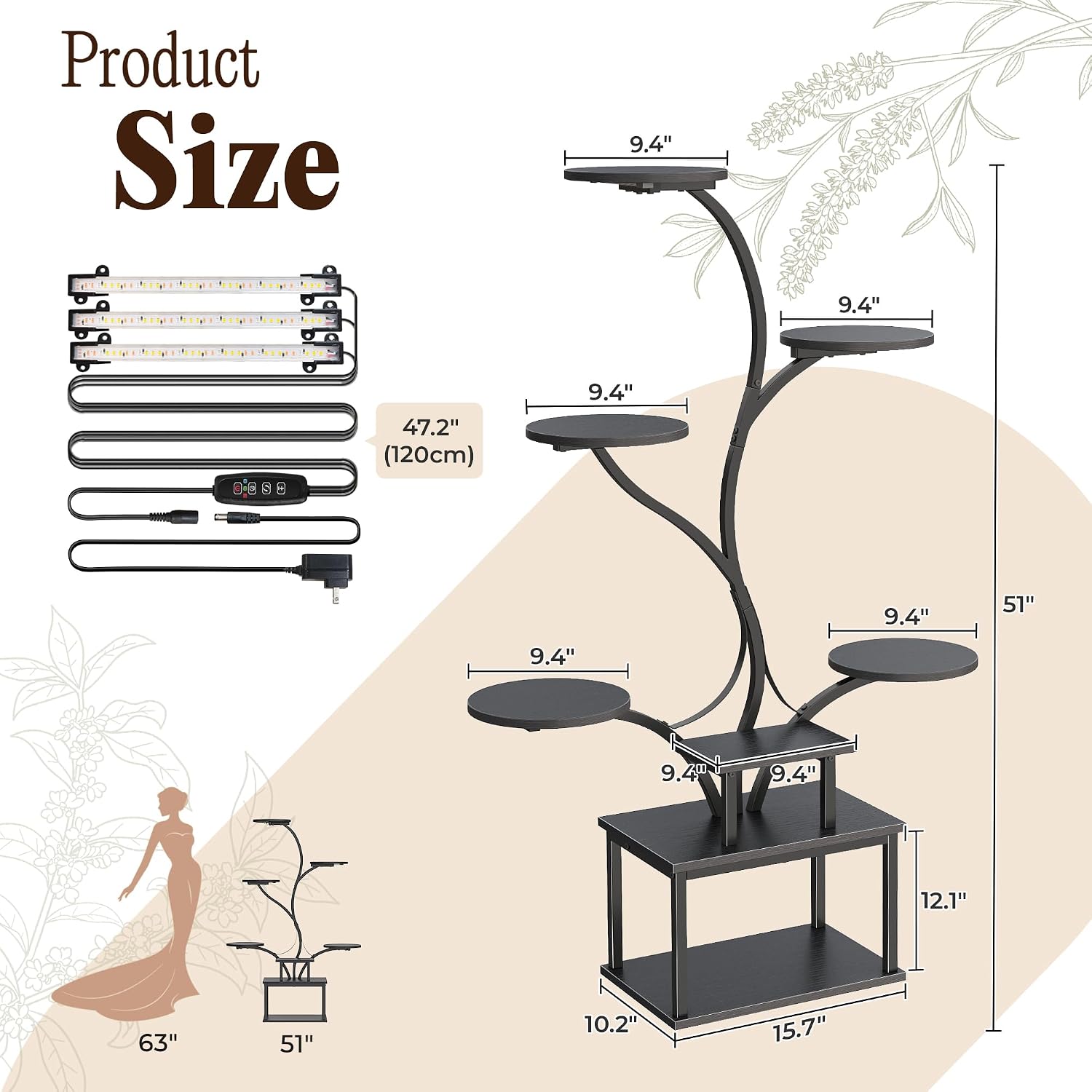 Thumbnail 6 de PRAISUN 1 51-Inch Plant Stand with Grow Lights, 8 Tiers, Black