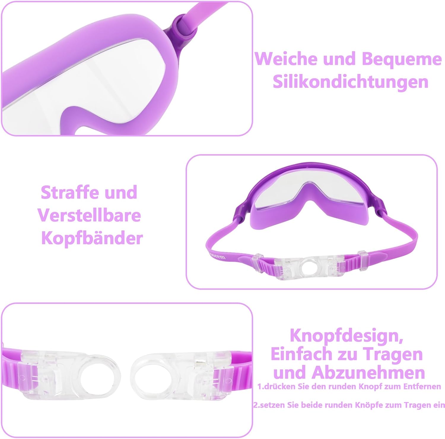 Detalle de Moseem Kinder-Schwimmbrille 2er-Set, 3–15 Jahre, UV-Schutz, Anti-Nebel, Kein Auslaufen, Verstellbar, Nasenklammern & Ohrstöpsel