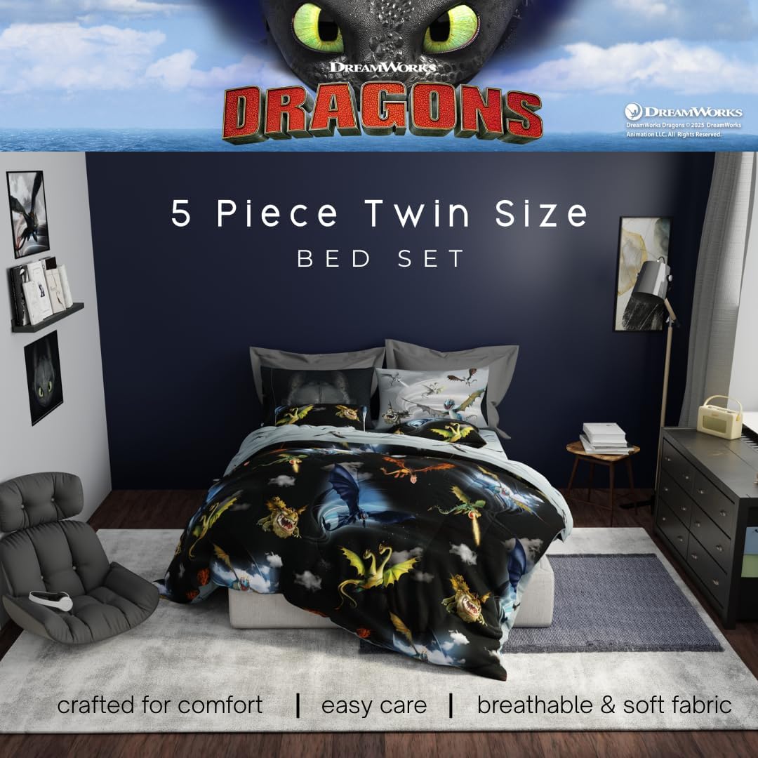Detalle 2 de How to Train Your Dragon Kids Bedding 5-Piece Twin Reversible Microfiber Comforter Set by Franco