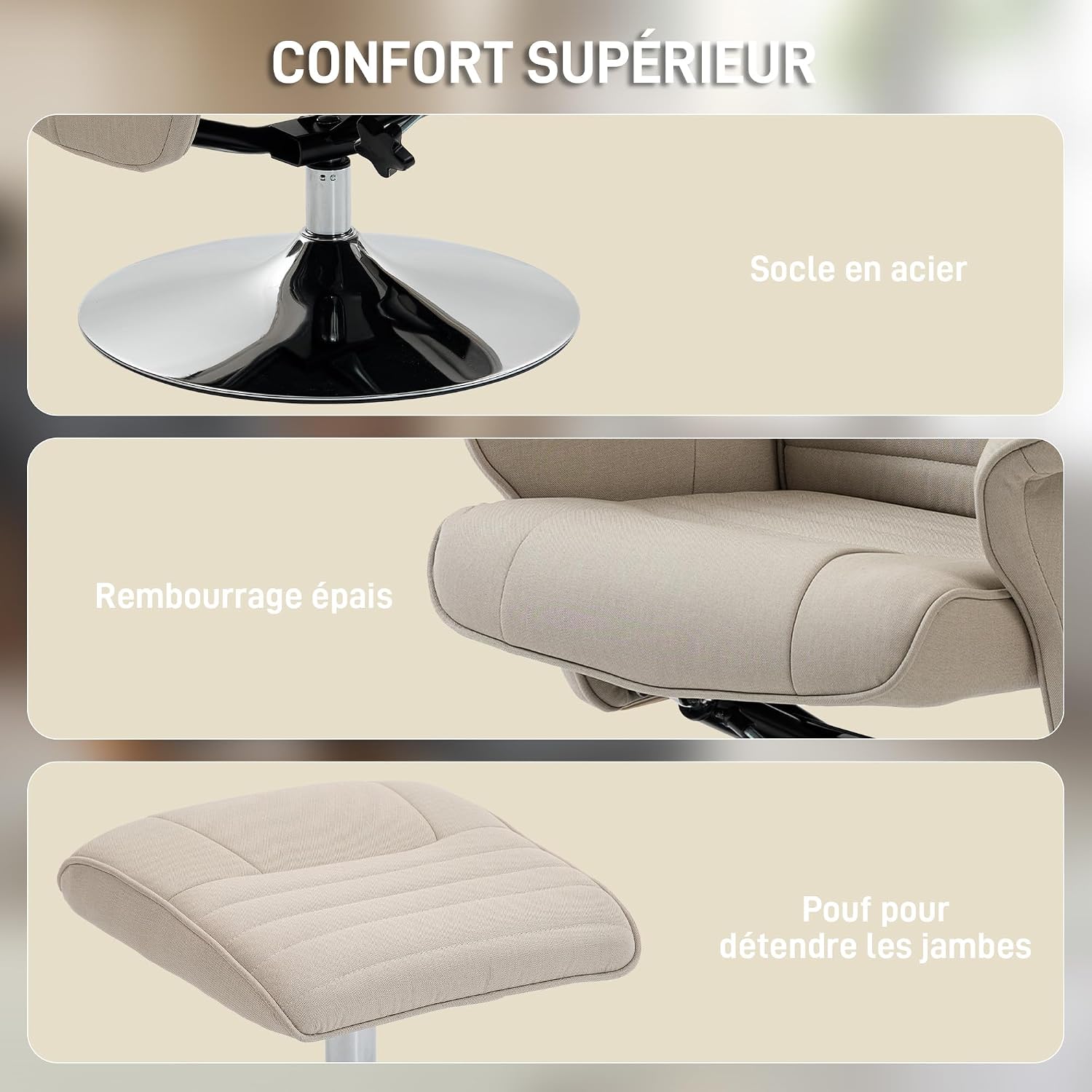 Thumbnail 5 de HOMCOM Fauteuil Relax inclinable 135° beige