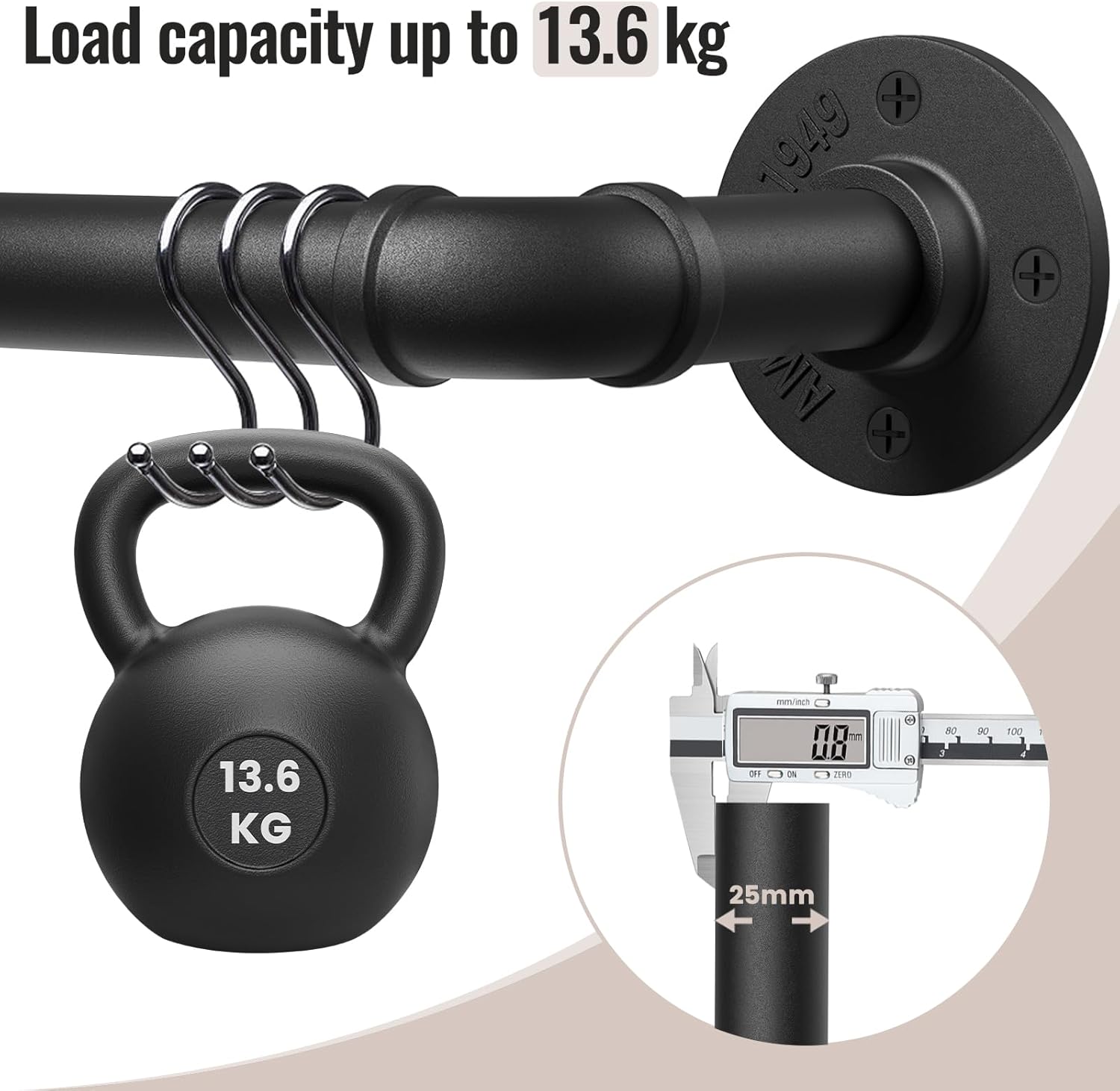 Thumbnail 6 de DEFYNEE 25mm Adjustable Industrial Curtain Pole for Eyelet Curtains (80–305cm) – Black metal