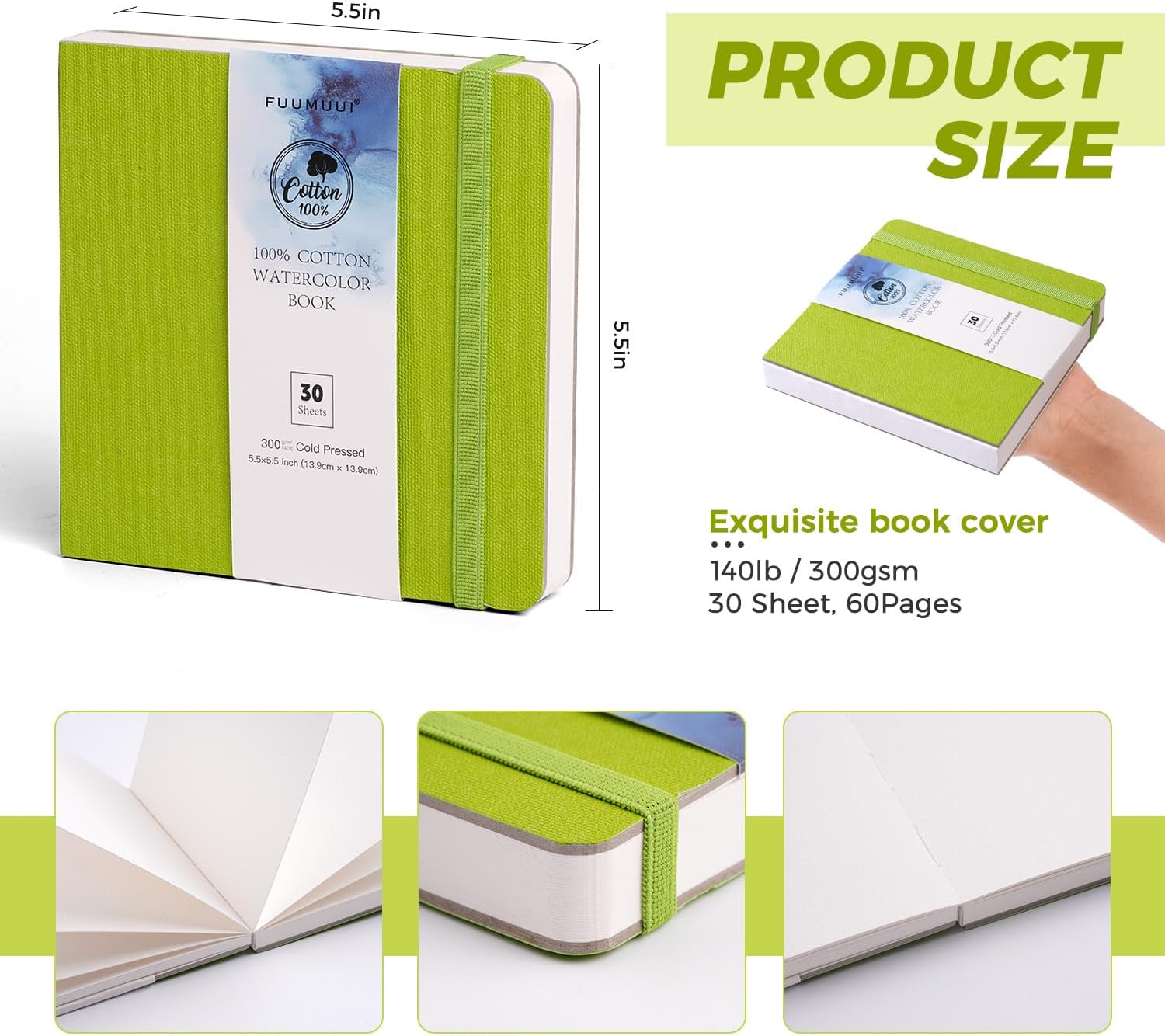 Detalle 2 de Fuumuui 30 Sheets Watercolour Journal (5.5 x 5.5 in) – 100% Cotton Cold Pressed Watercolour Paper, 140lb/300gsm