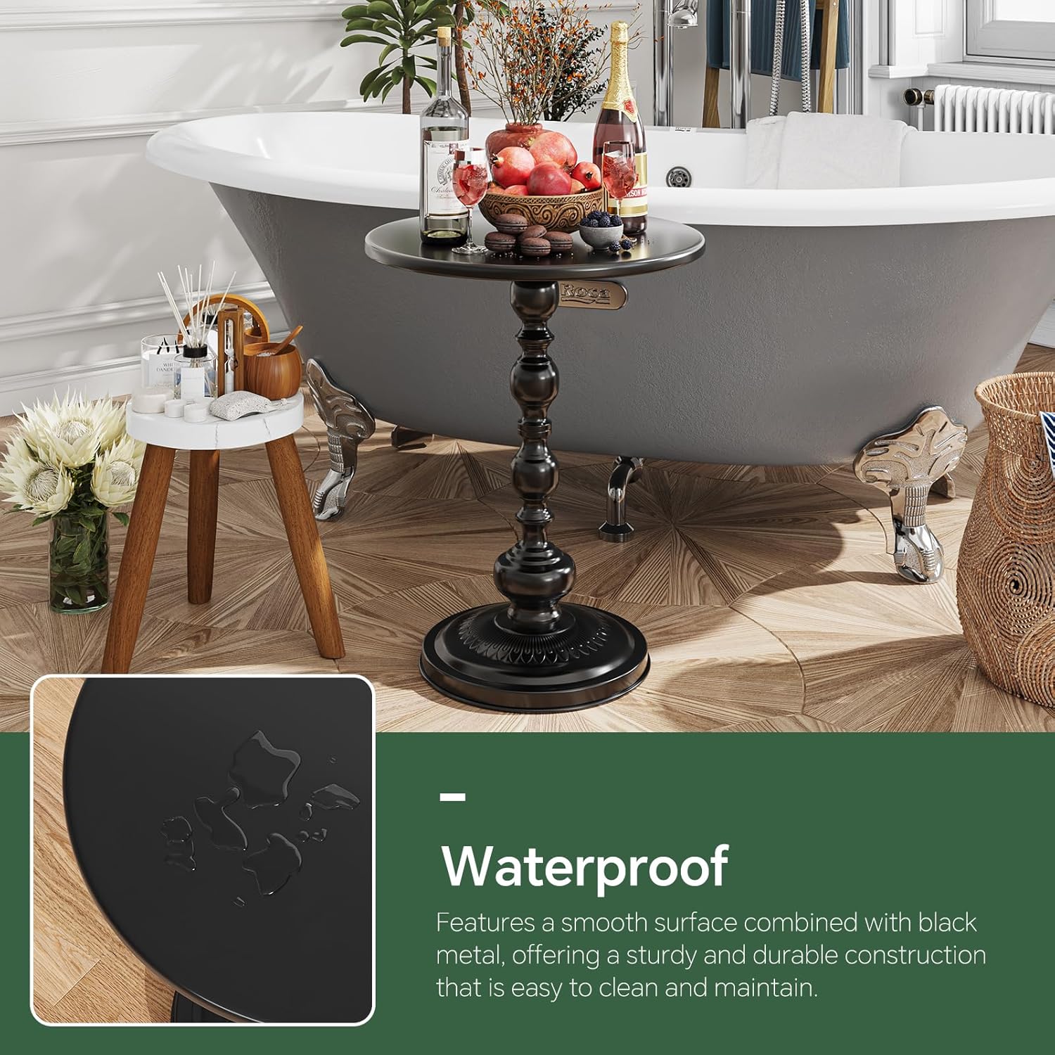 Detalle 2 de Simple Trending Small Side Table, Round Vintage-Style Metal End Table in Black