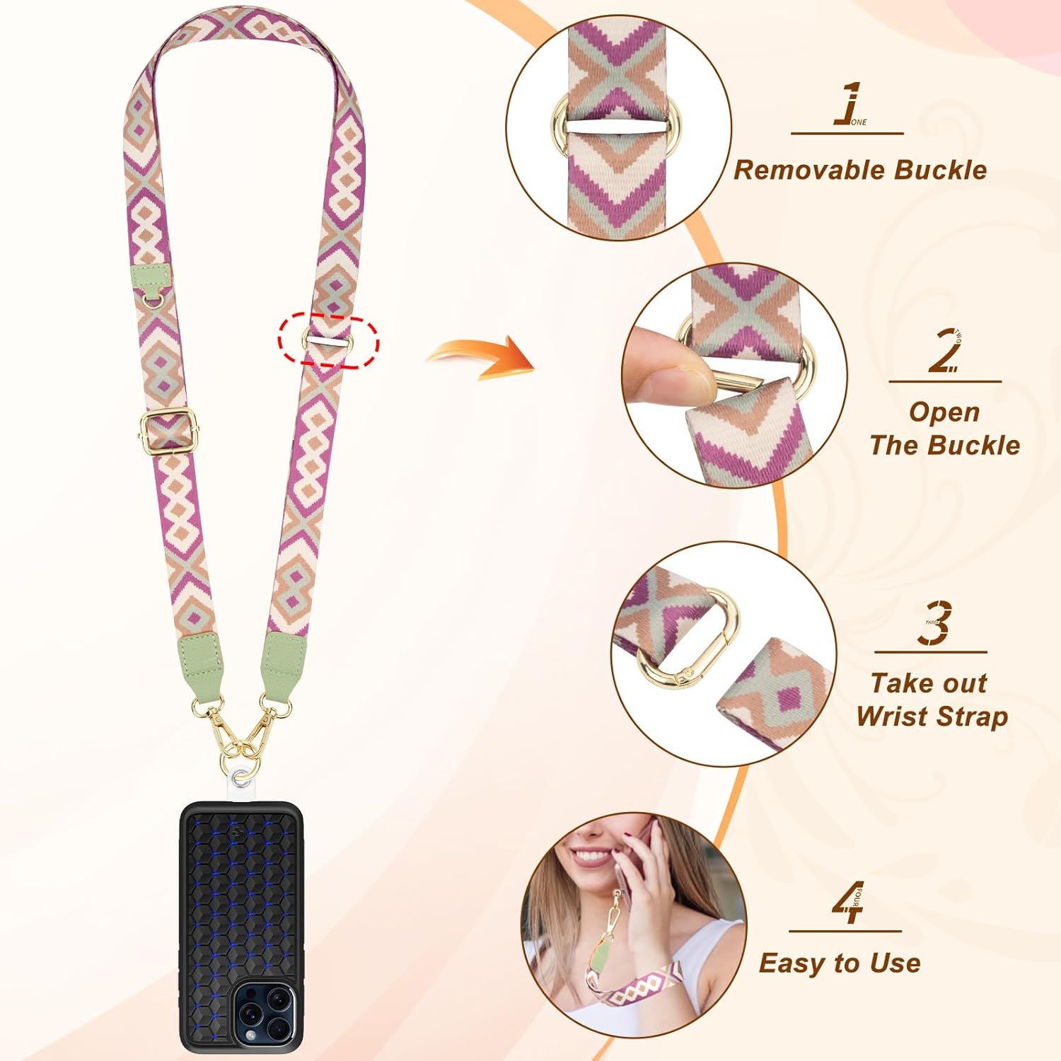 Detalle de ONEKERUN Universelle Cordon Telephone Portable – Lanyard réglable avec 2 cartes transparentes