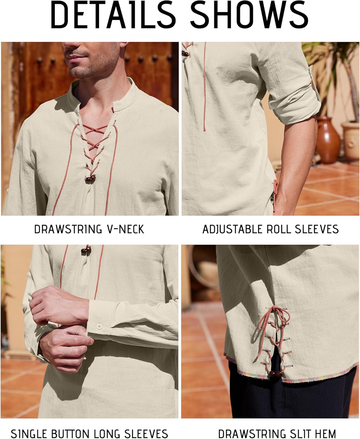 Thumbnail 4 de YAOHUOLE Men's Linen Shirt Long Sleeve Retro Lace Up – Classic Medieval/Viking-Inspired Top