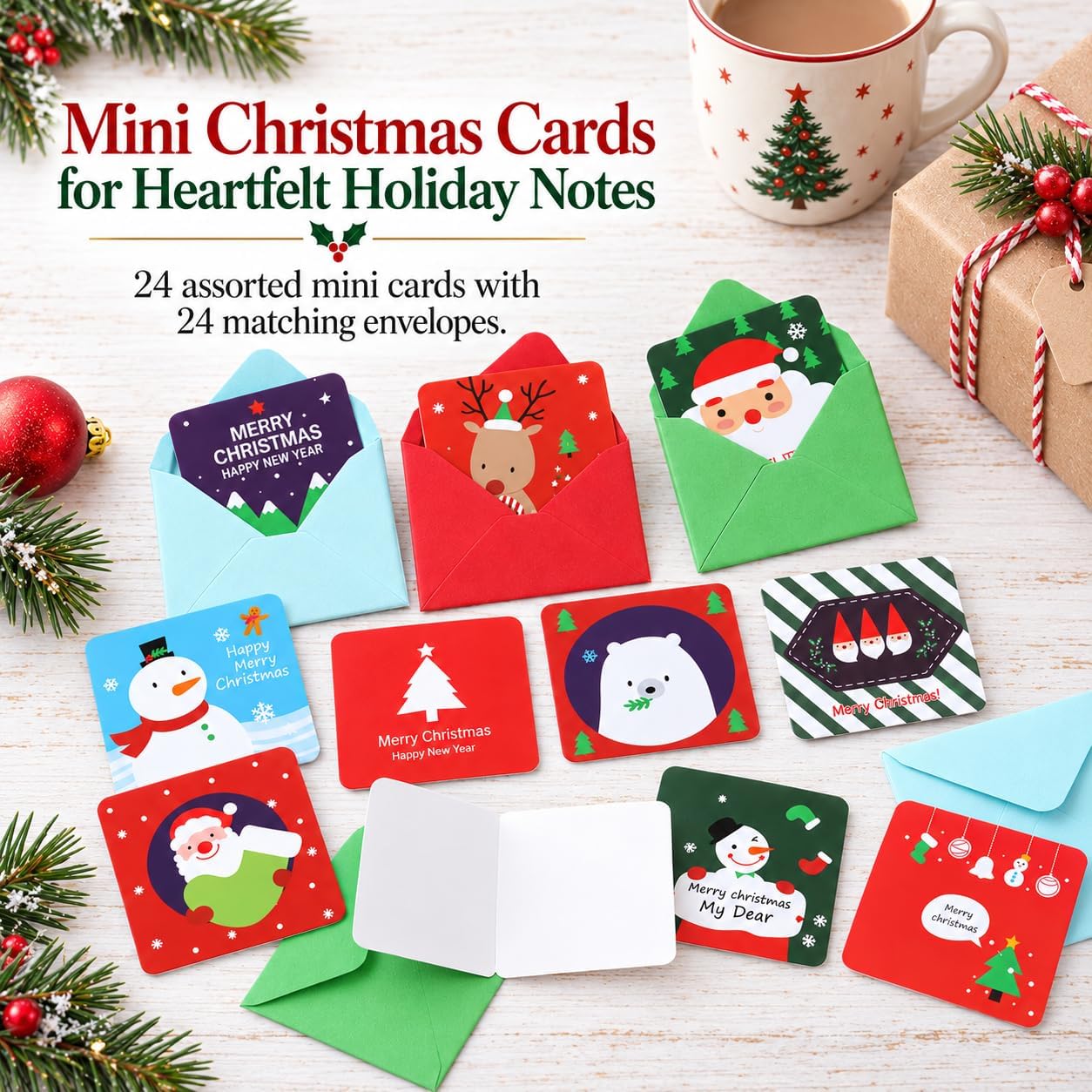 Thumbnail 1 de Naler Mini Christmas Greeting Cards, 24 Cards with Envelopes, 2.7 x 2.7 in