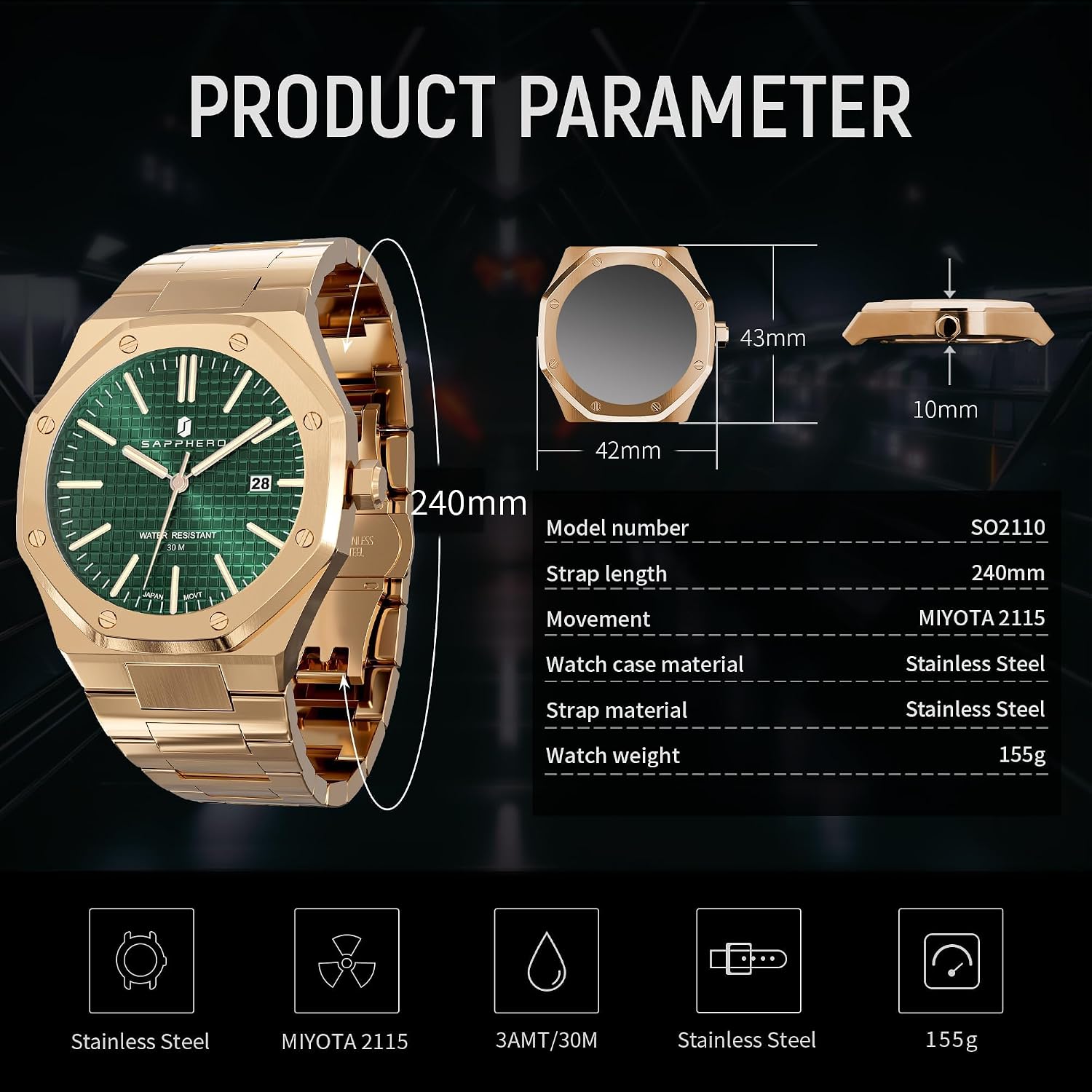 Detalle de SAPPHERO Montre Homme octogonale 10ATM en acier 316L à cadran damier