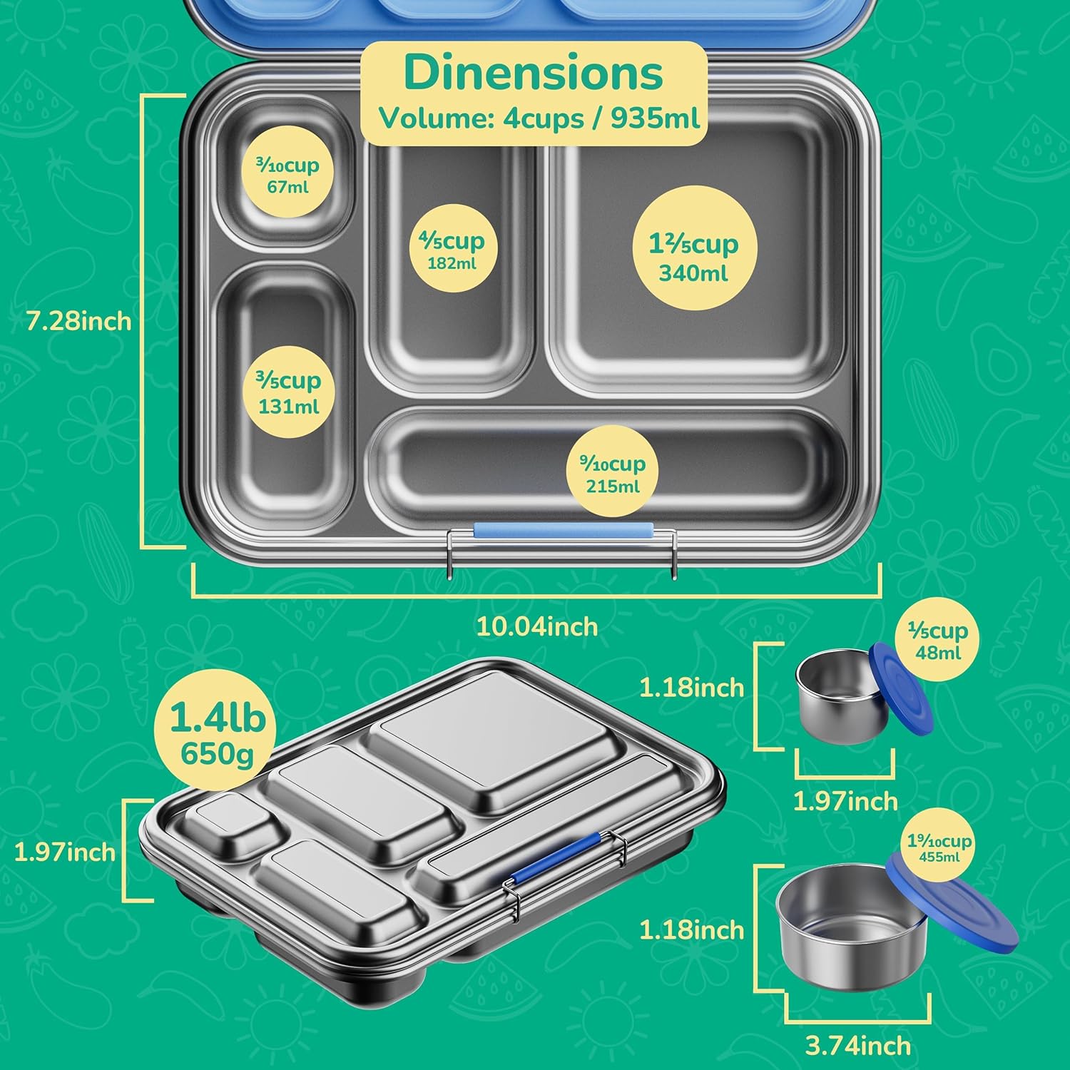 Thumbnail 3 de AOHEA Stainless Steel Kids Bento Box (BPA-Free, 304 Stainless Steel) with 5 Compartments