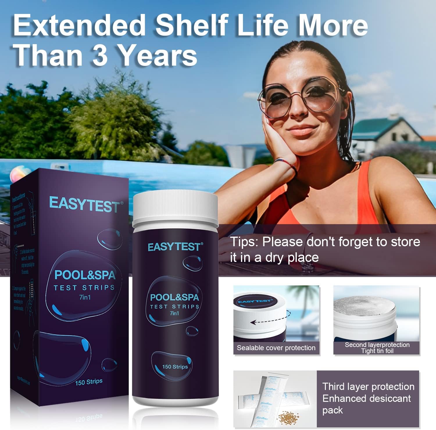 Detalle 2 de EASYTEST 7 in 1 Pool Test Strips zwembadteststrips, 150 stuks voor 7 waterwaarden