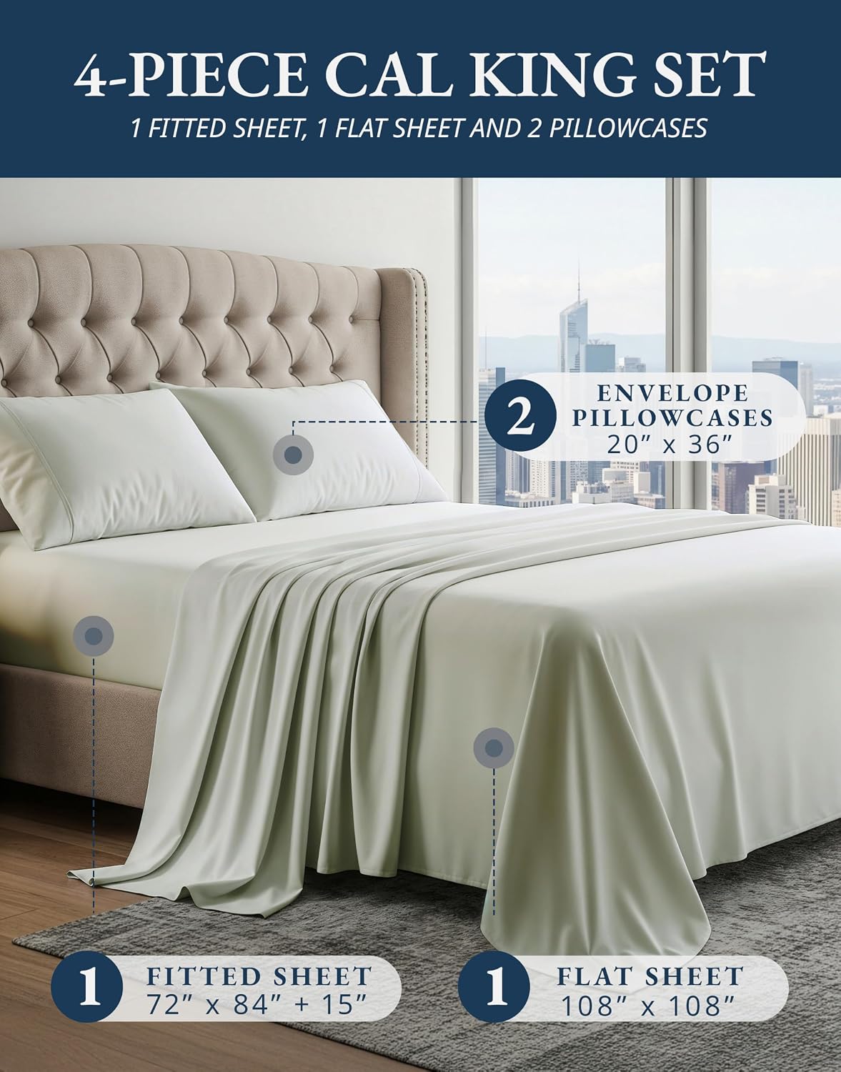 Detalle de Lane Linen 100% Egyptian Cotton California King Bed Sheet Set (16" Deep Pocket) — Mineral