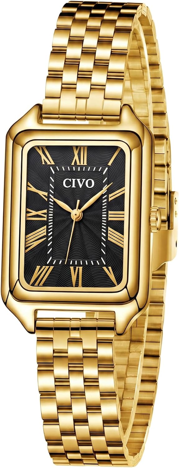 Detalle de CIVO Vintage Armbanduhr Damen – Rechteckiges Gehäuse, Gold/ Silber Edelstahl, Analoge Damenuhr