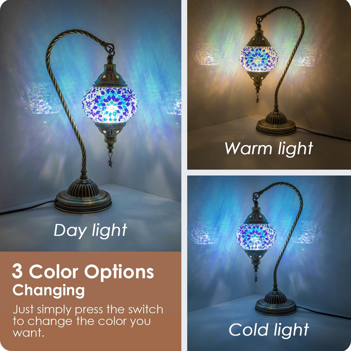 Detalle 2 de Yarra-Decor TD-006R Moroccan Table Lamp, Mosaic Glass Shade and Bronze Base