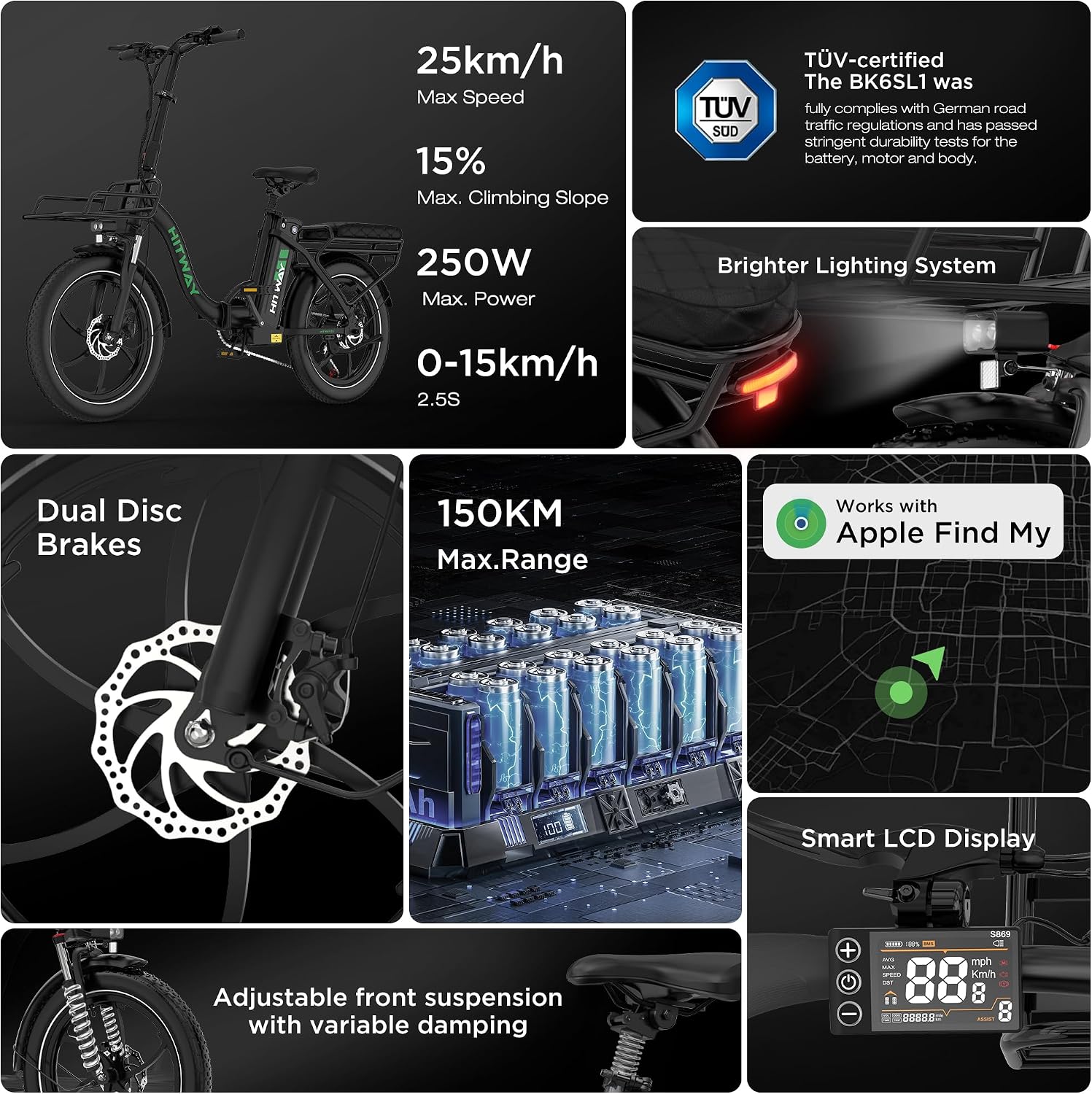 Detalle de HITWAY E-Bike mit 250W Motor, 20 Zoll, 7-Gang & APP-Steuerung (faltbar, IP54) – Reichweite 70–150 km