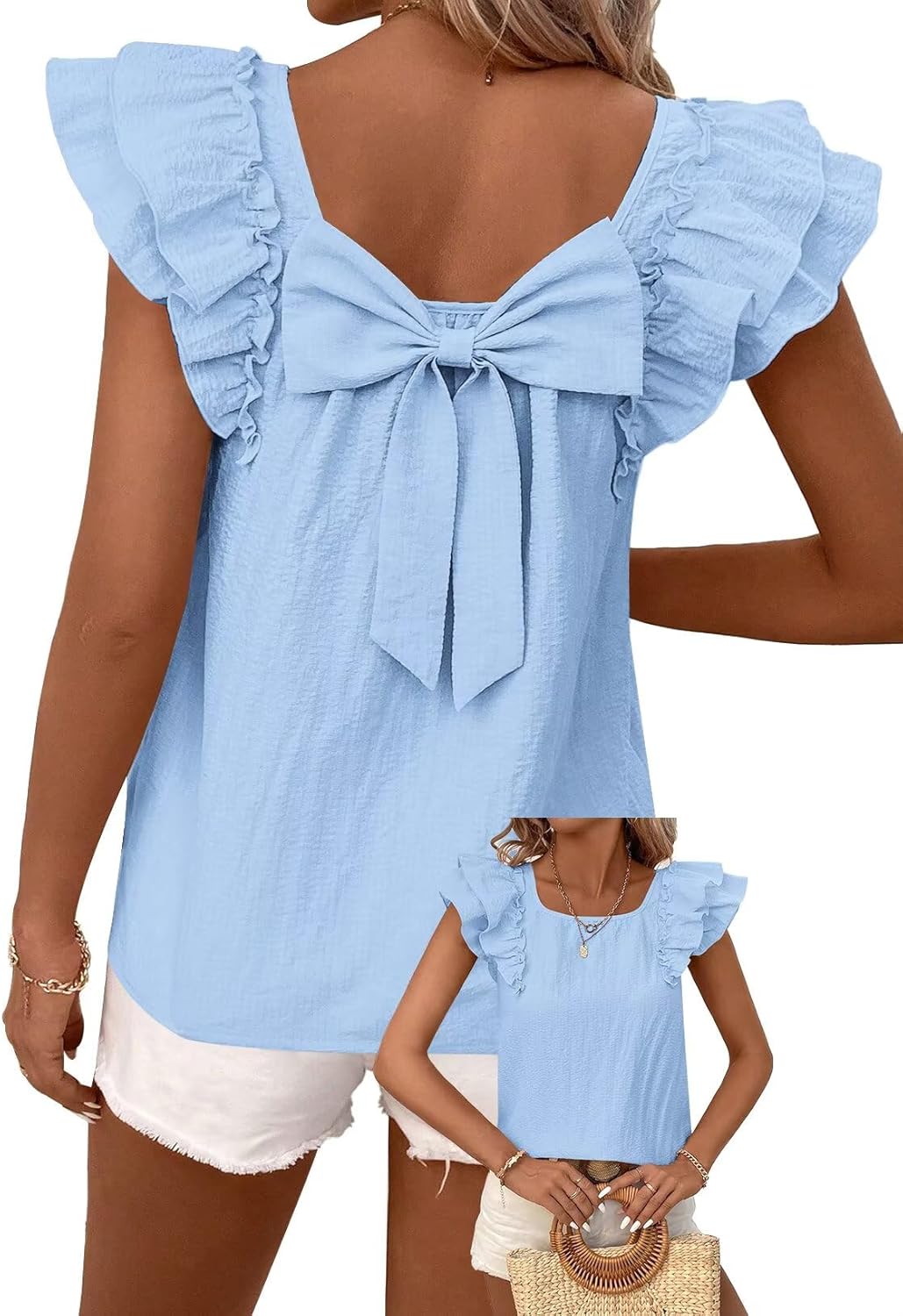 Detalle de Falechay Womens Bow Tie Back Ruffle Short Sleeve Tunic Top (Round Neck)