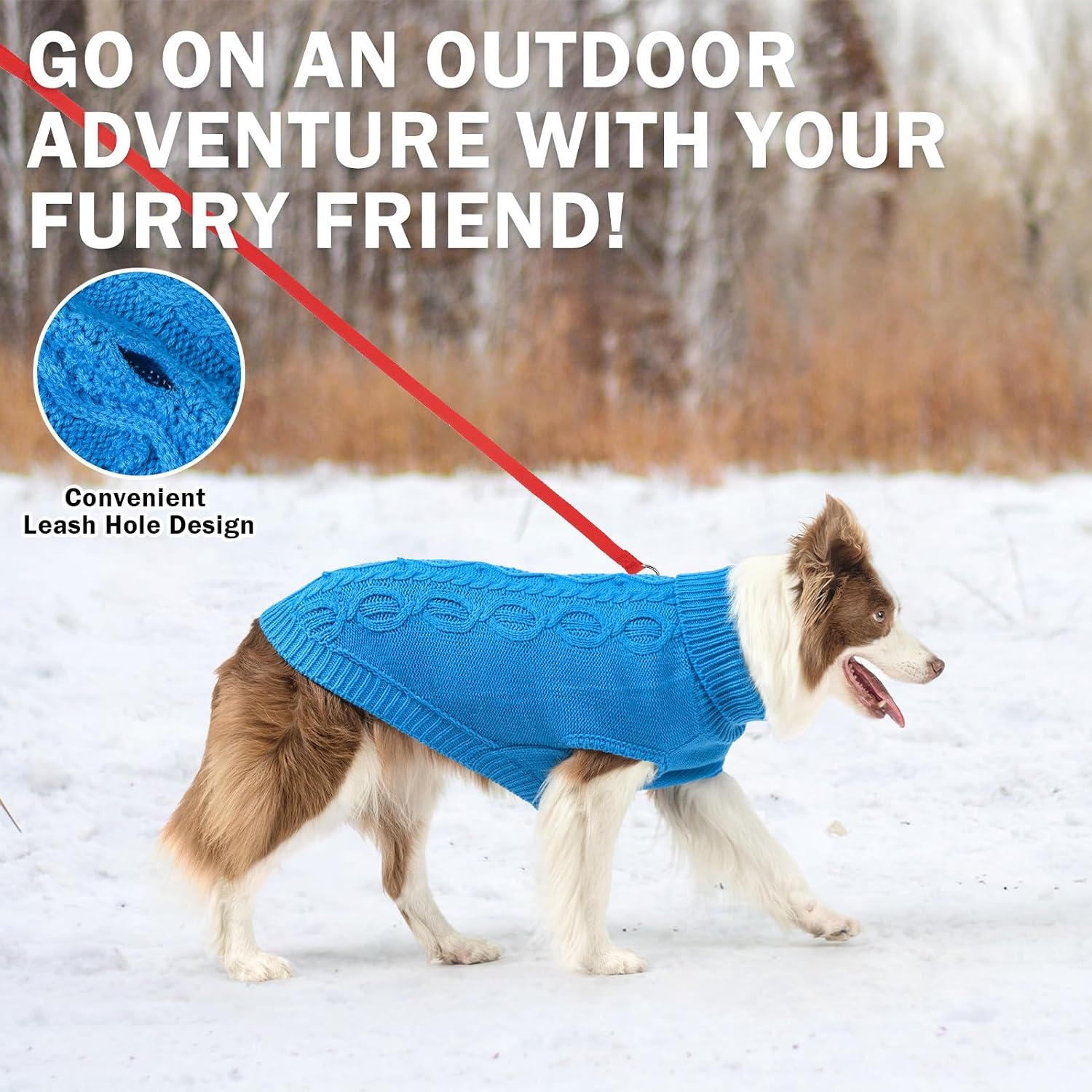Detalle de SCENEREAL Medium Dog Sweater in Lake Blue, Knitted Turtleneck with Leash Hole