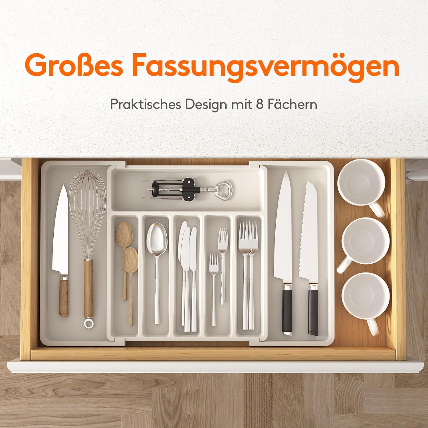 Thumbnail 1 de Lifewit Besteckkasten für Schubladen 40–50, verstellbar (bis 57 cm) – Organizer mit 6–8 Fächern, weiß