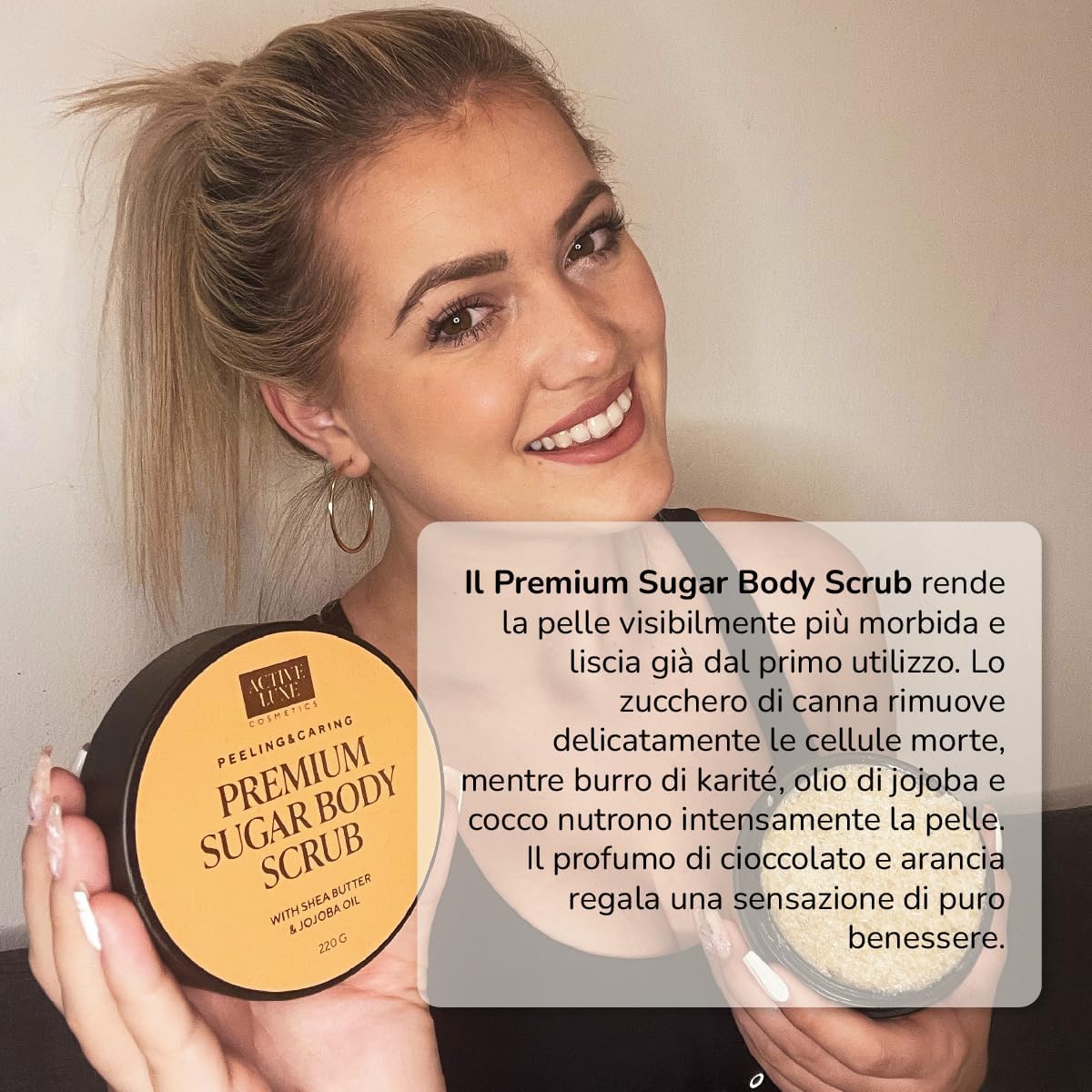 Detalle de Active Luxe Premium Sugar Scrub: Scrub Corpo esfoliante al profumo di cioccolato & arancia, 220 g