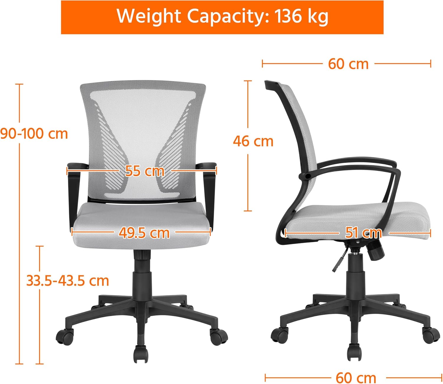 Detalle de Yaheetech Adjustable Desk Chair Executive Computer Office Chair with Lumbar Support and Arms (Light Grey, Mesh)