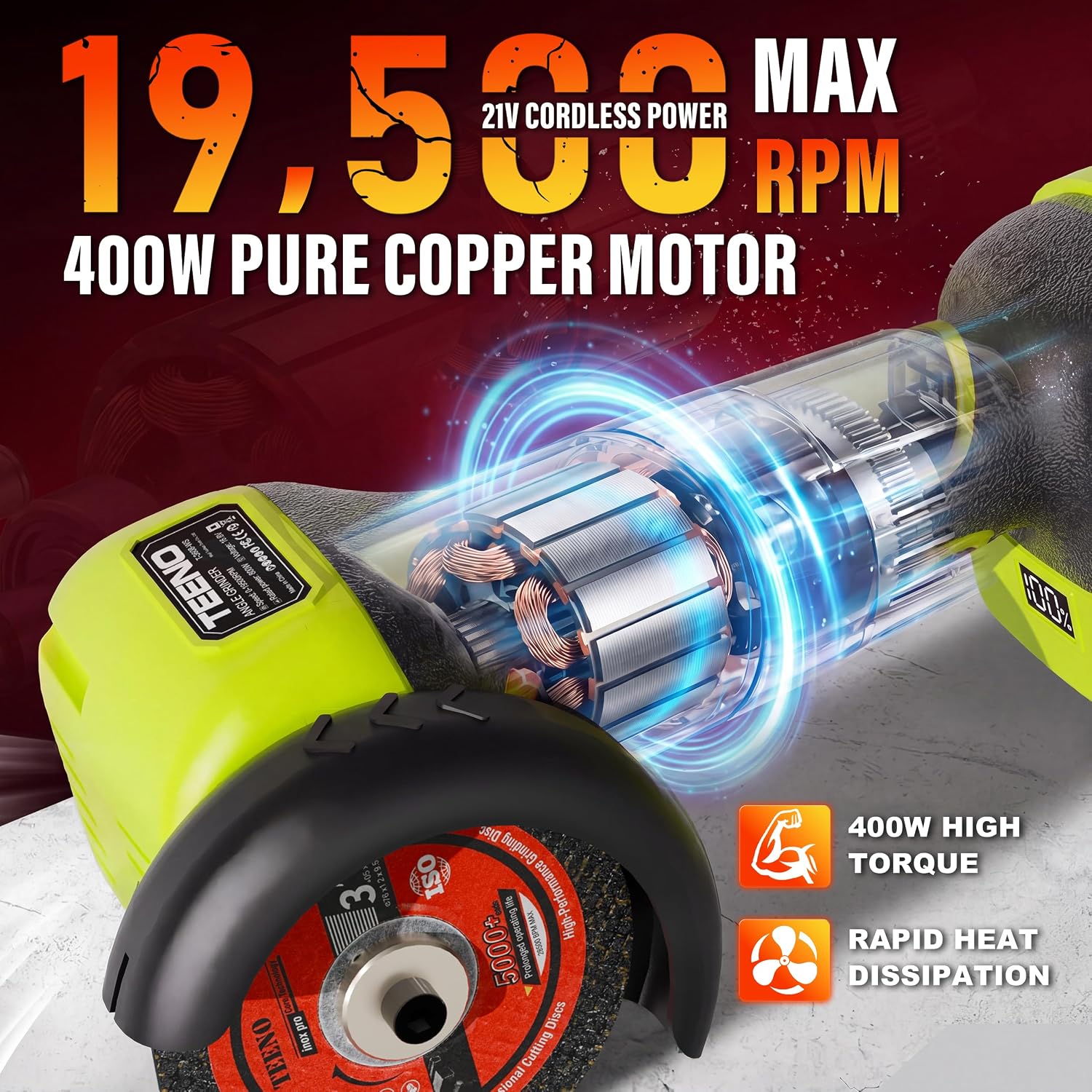 Detalle de TEENO T-3821-GREEN-2 3-Inch Cordless Angle Grinder, LCD, 19,500 RPM