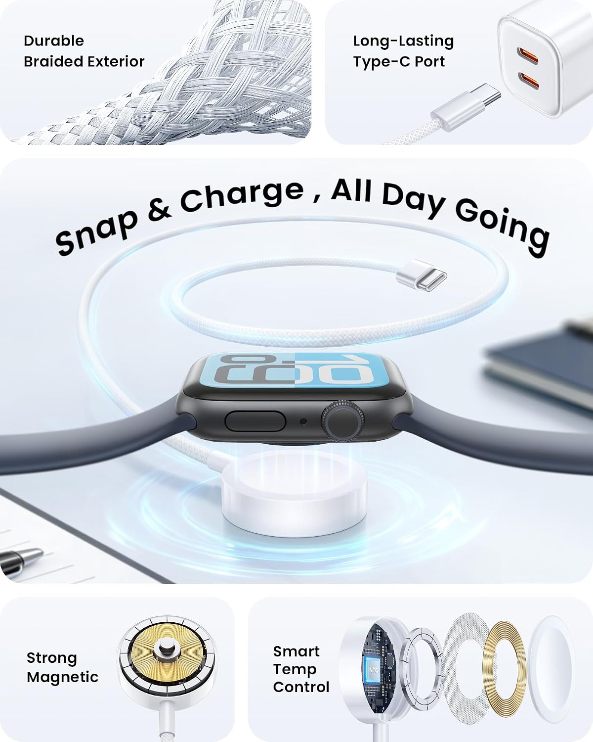 Thumbnail 1 de Upgraded USB-C Apple Watch Charger Cable (1m) – Magnetic, Safe, Portable