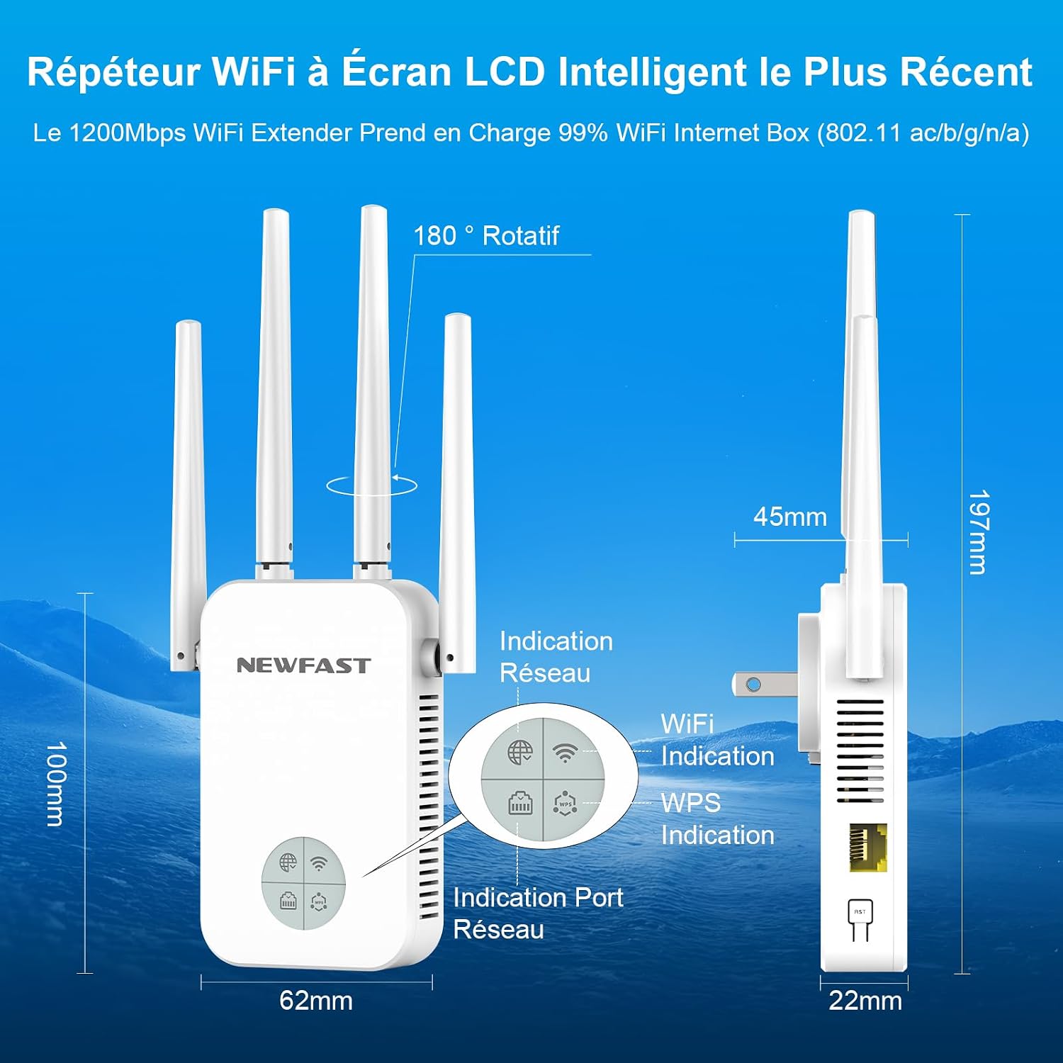 Detalle de NEWFAST Répéteur WiFi Puissant 1200Mbps – Double Bande 5GHz, Mode Répéteur/AP/Routeur, 1 Port Ethernet