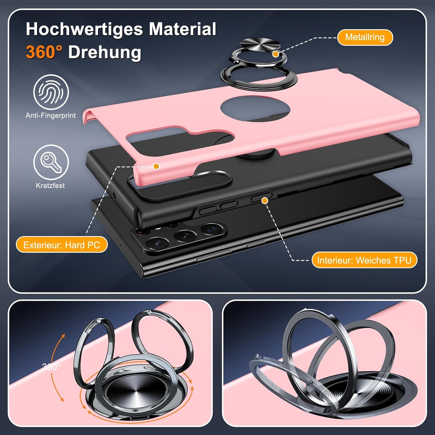 Thumbnail 2 de Vaki Handyhülle für Samsung Galaxy S25 Ultra – Ringständer, Kratzschutz und Displayfolien in Rosa
